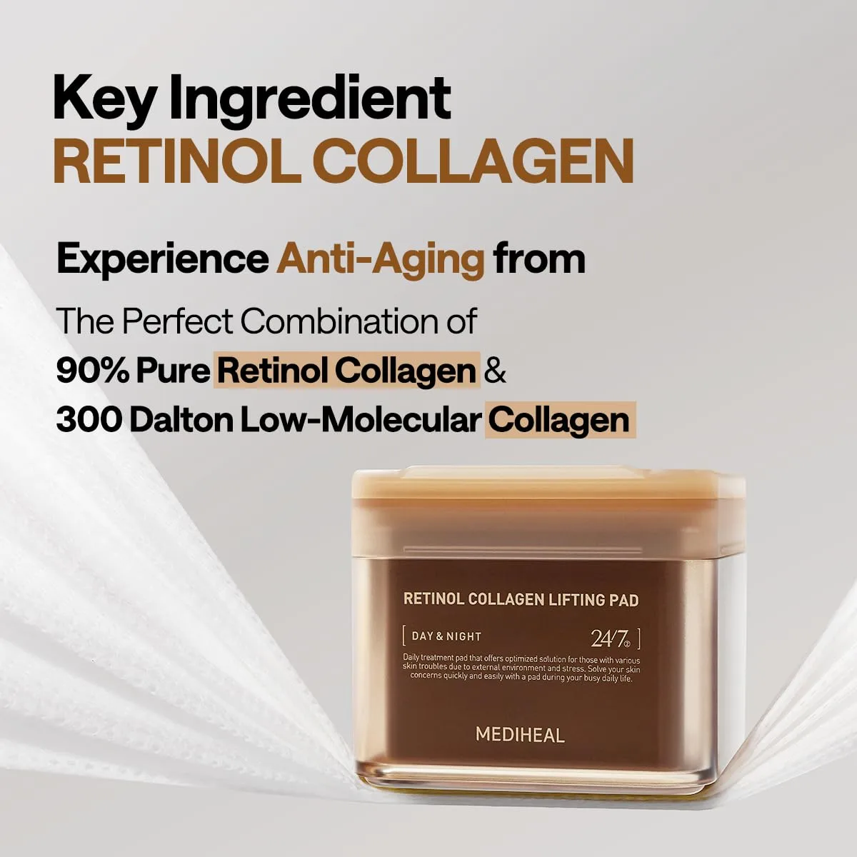 MEDIHEAL Toner Pads - Retinol Collagen Lifting Pad (100 counts) for Skin Rejuvenation & Firming - Lifting Pads for Enhancing Skin Texture - Vegan Stretchable Lifting Fabric, Korean Skin Care