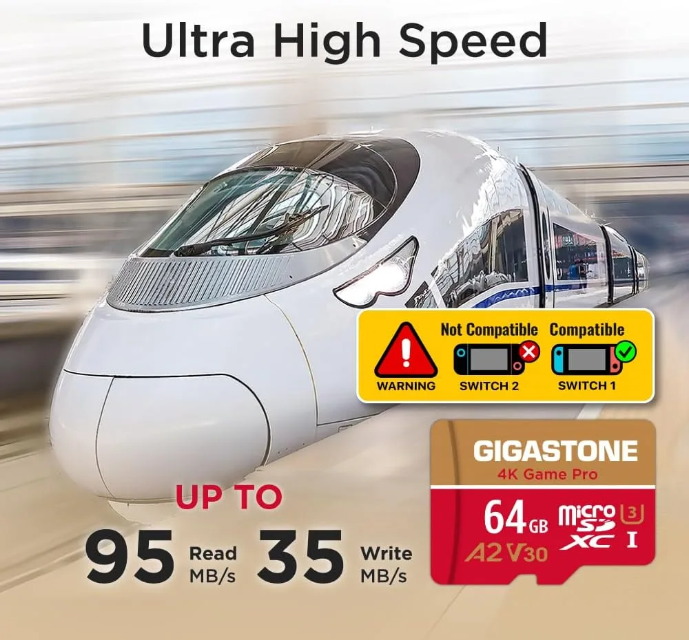 【for Switch 1 Only】 GIGASTONE 64GB Micro SD Card, 4K Game Pro, MicroSDXC Memory Card for Gaming Console, Security Camera, UHD Video, up to 95/35MB/s, UHS-I U3 A2 V30 【5-Yrs Free Data Recovery】