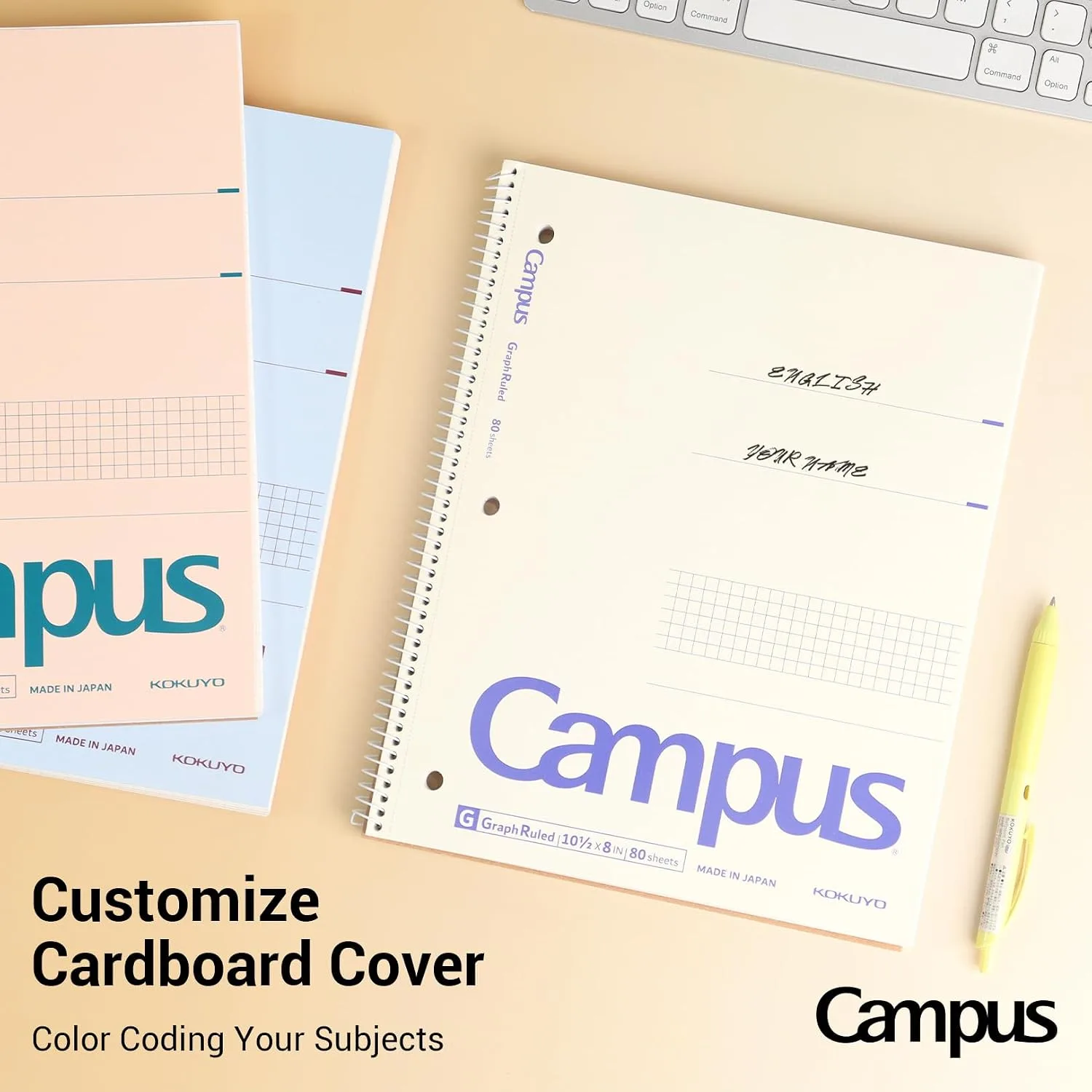 KOKUYO Spiral Notebook with 5x5 Graph Paper, 3 Pack Campus 10-1/2" x 8" Subject Notebooks, 80 Sheets, Light Pink Blue Off-White 3 Holes School Spiral Journal for Study Planner Drawing (WSG-SU-400G4×3)