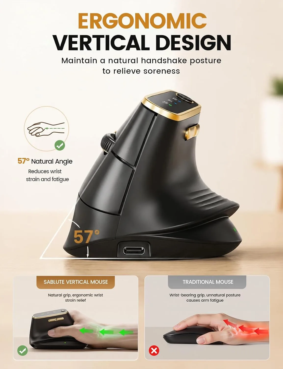 SABLUTE MAM4 Ergonomic Wireless Vertical Mouse for Medium & Large Hands