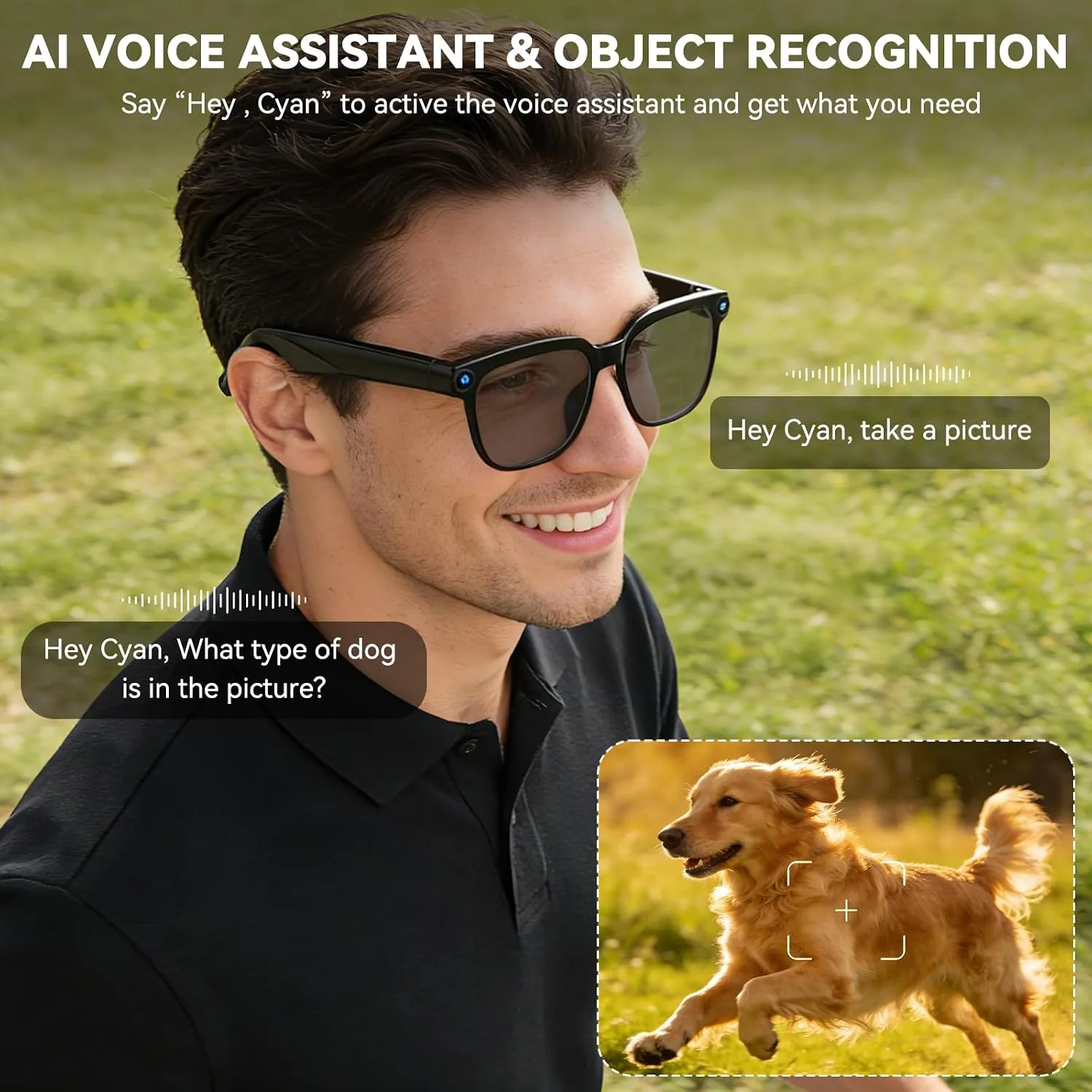 AI Smart Glasses with Camera, 1080P EIS Video, Bluetooth Music