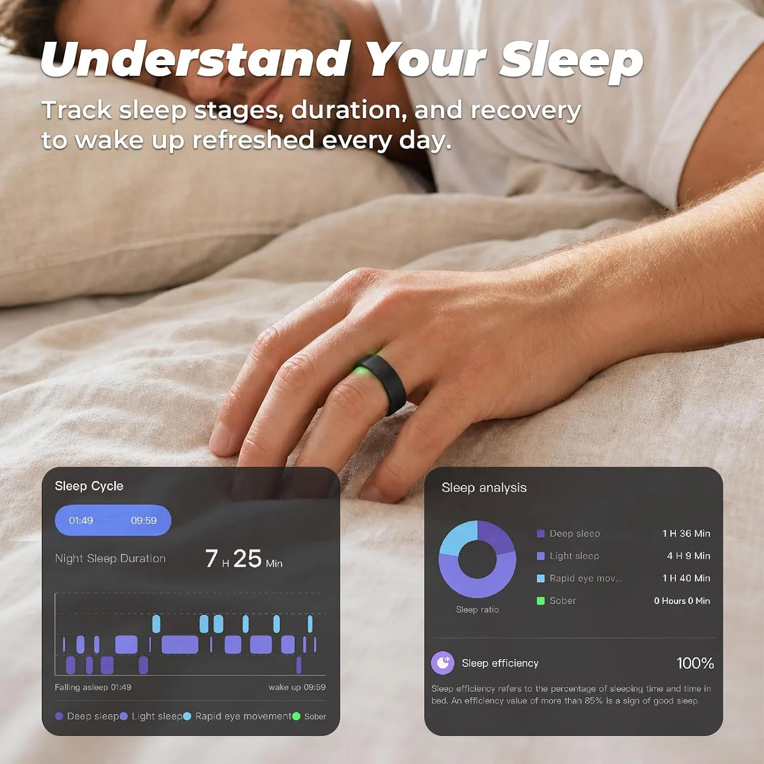 Smart Ring for Women Men, Sleep Tracker, 12 Sports Modes, Size 9 Black