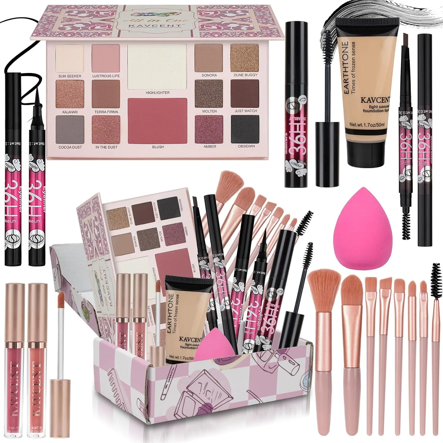 Set de maquillaje Kavcent para mujeres y adolescentes con paleta de 14 colores y accesorios