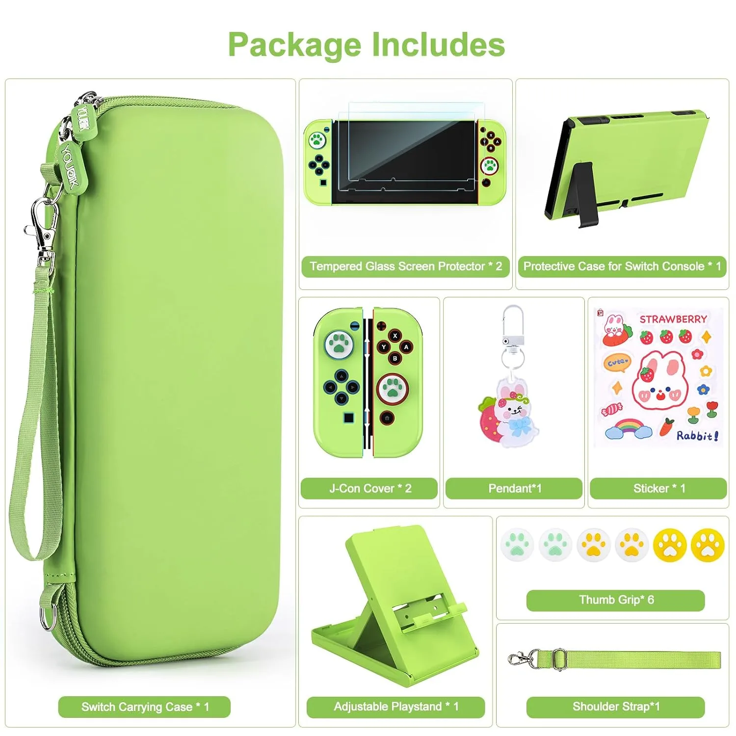 Younik Switch Accessories Bundle, 17 in 1 Green Switch Accessories Kit for Girls Include Switch Carrying Case, Adjustable Stand, Protective Case for Switch Console & J-Con