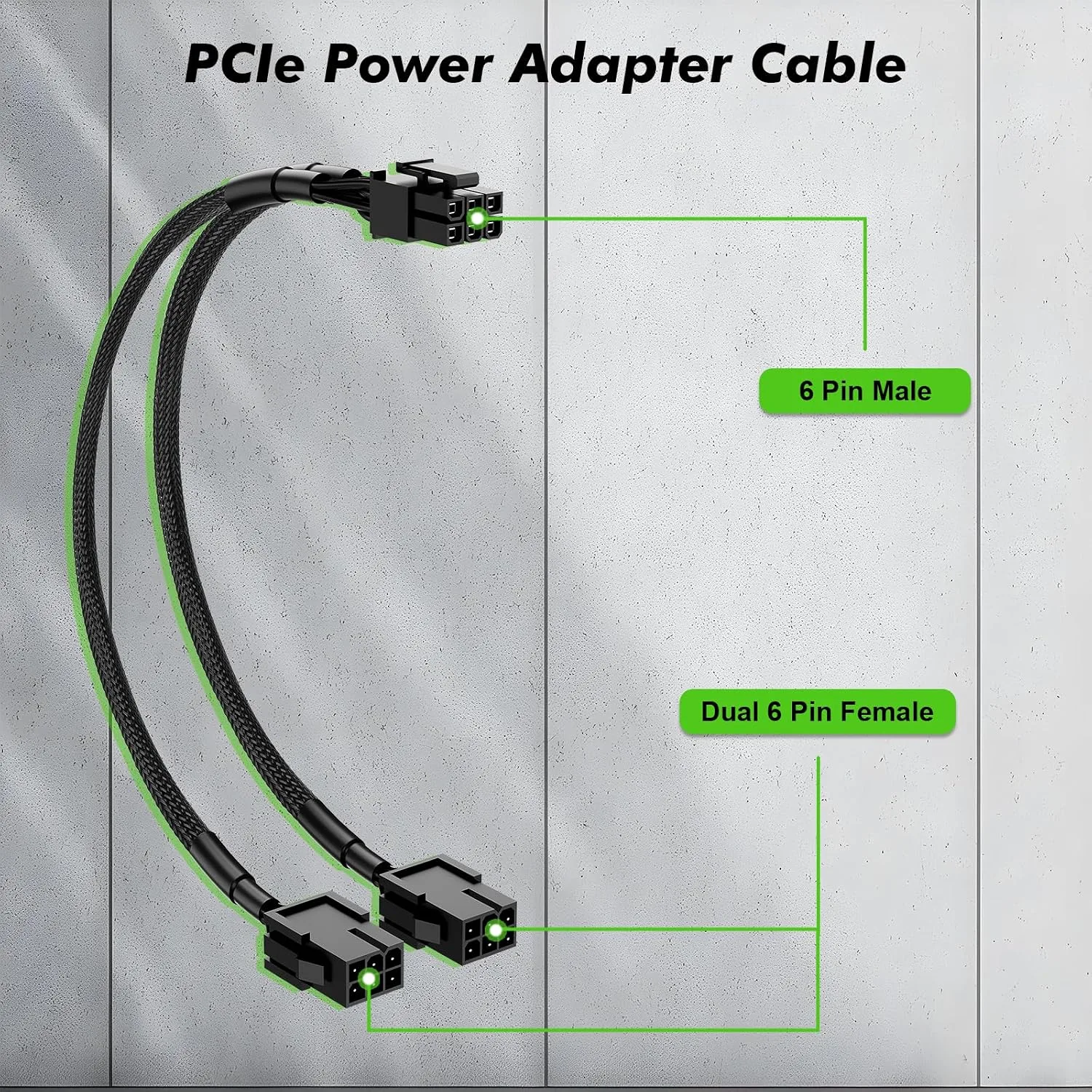 J&D PCIe Power Adapter Cable, Dual 6 Pin Female to 6 Pin Male, GPU Connector for Graphics Card Power Supply with Heat Shrink Reinforcement, 1 Pack, 9 inch