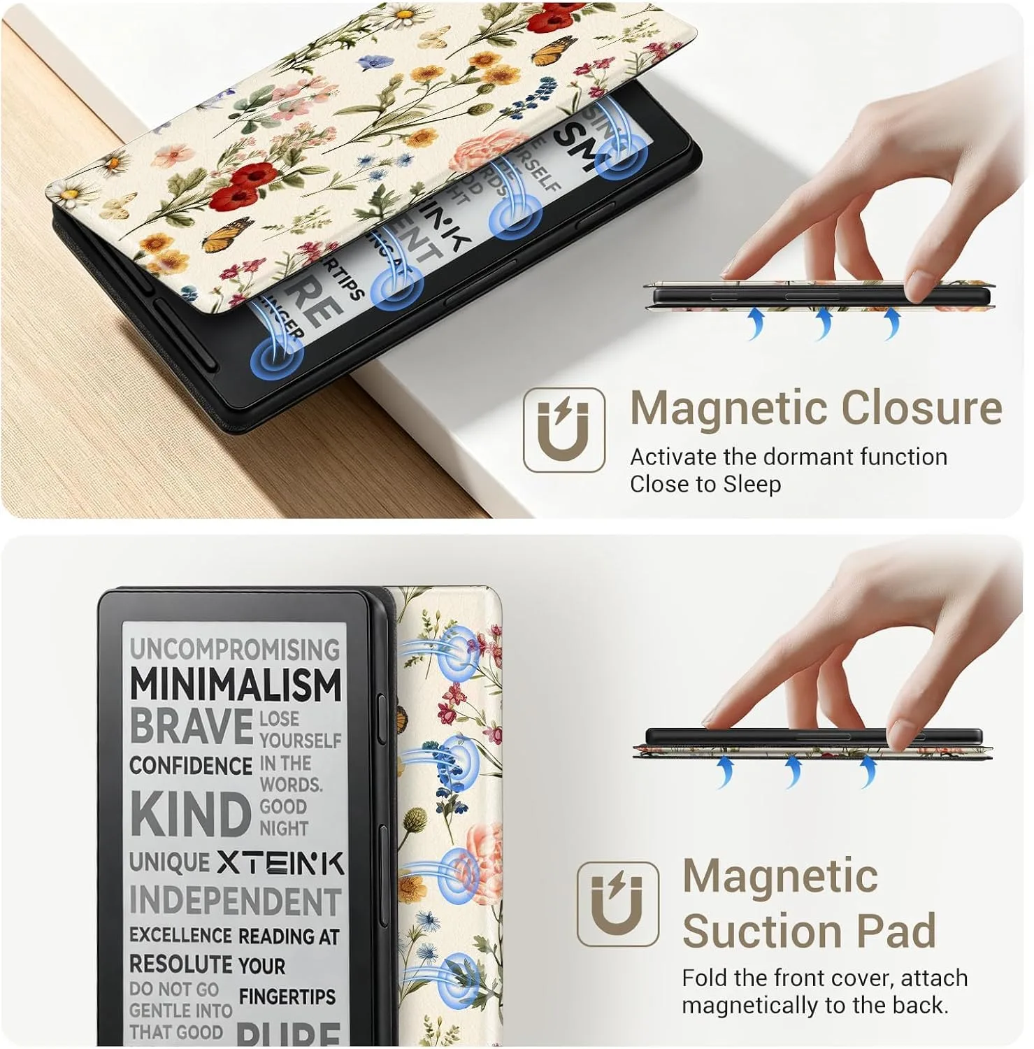 CoBak Magnetic Case for XTEINK X3 eBook Reader, 3.7" Ultra-Lightweight PU Leather Cover(Classical Flowers)