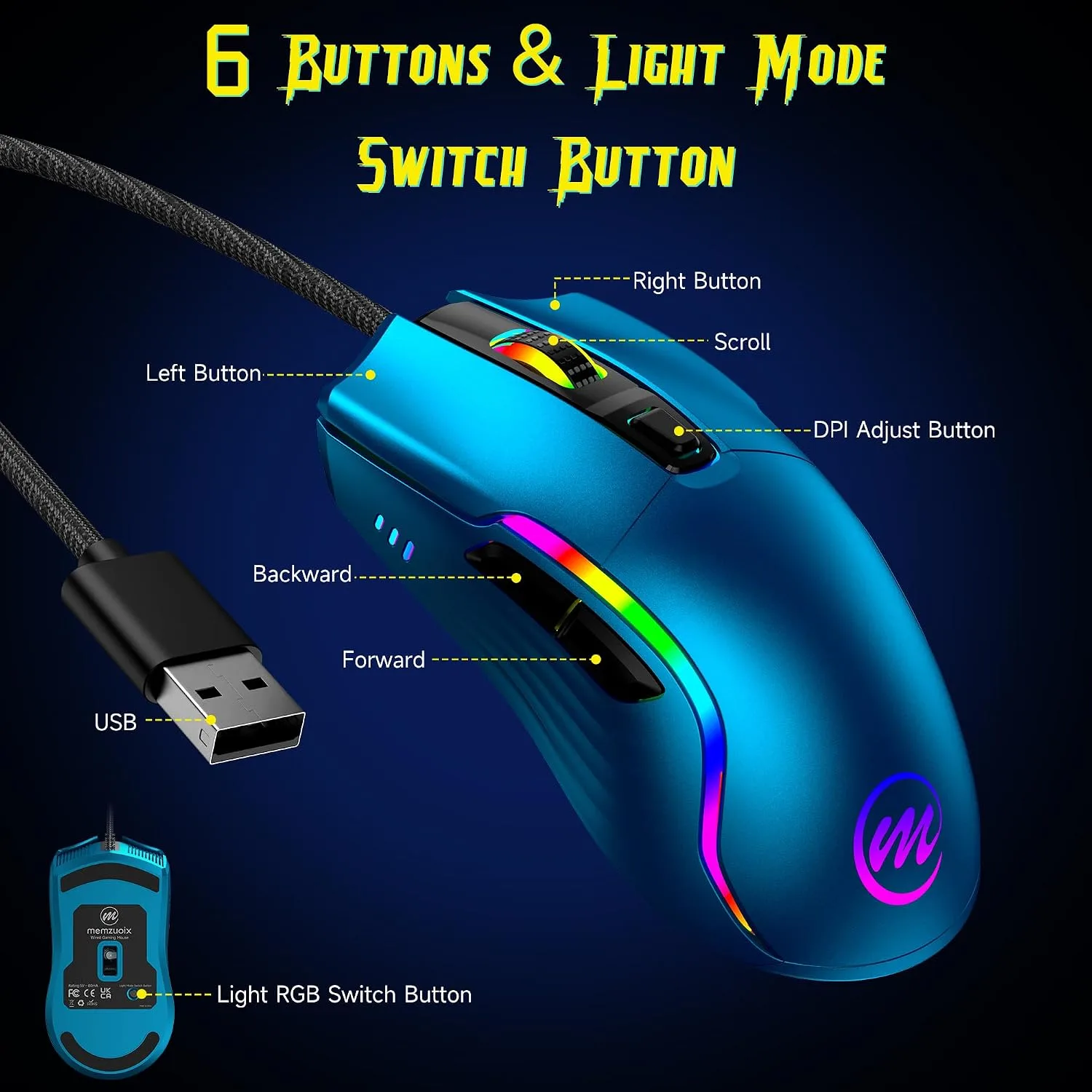 memzuoix Wired Gaming Mouse with RGB - 6 Adjustable DPI up to 12800, 6 Buttons, 12 Lighting Modes, Ergonomic Design with Anti-Slip Rubber Wheel, 5.6ft Braided Cable for PC/Mac/Windows - Blue