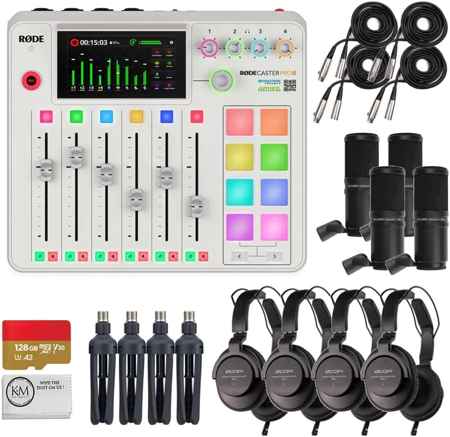 Rode RODECaster Pro II Integrated Audio Production Studio Bundled with 4 x Podcast Mic Packs + 128GB Micro-SD Card + Cleaning Cloth (White)