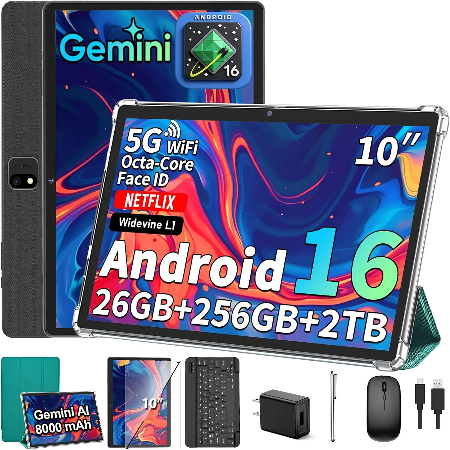 2026 Android 16 Tablet with Keyboard, 10 Inch Tablet with Gemini AI (Green)