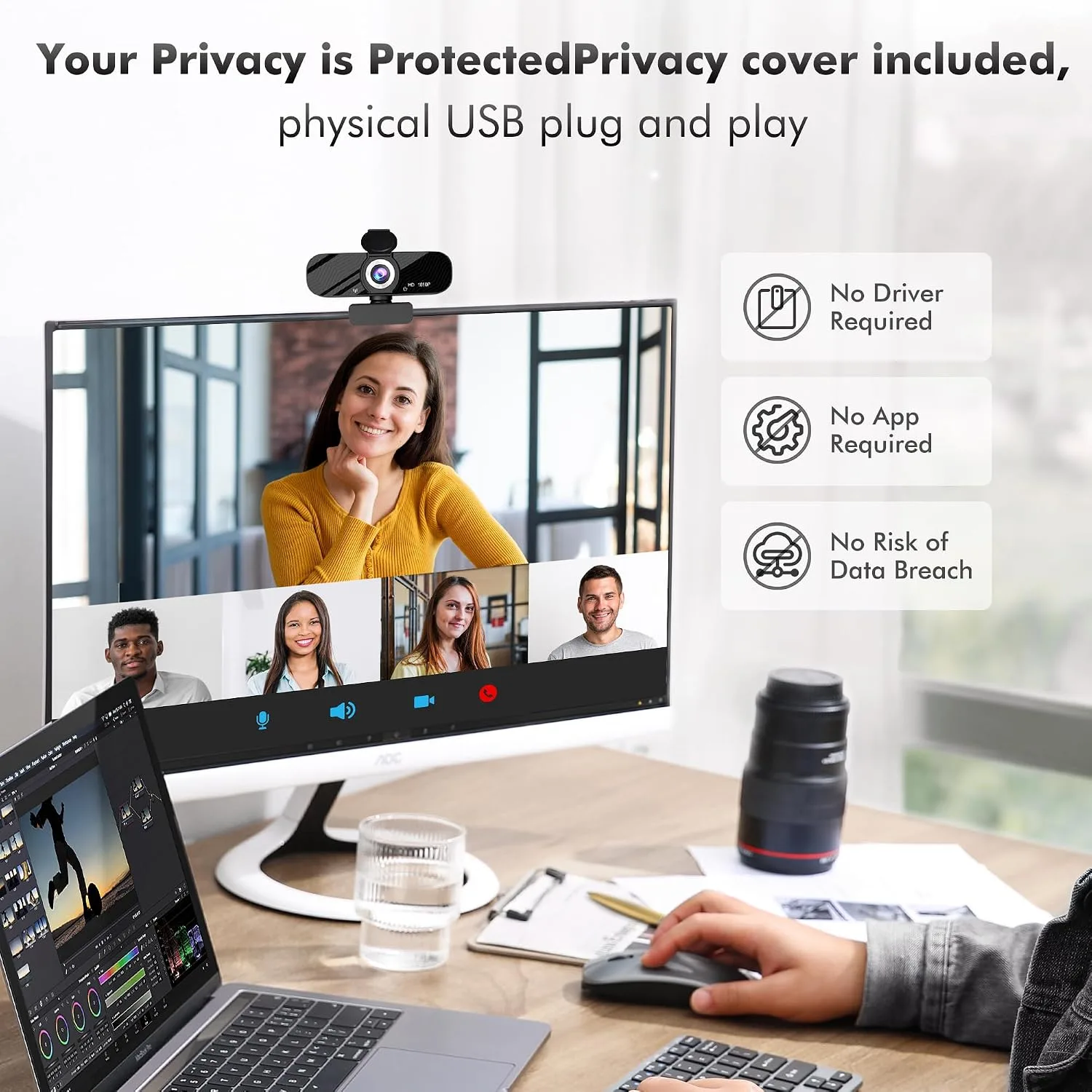 Gohero Full HD 1080P Video Webcam, Noise Cancellation, Privacy Cover, Wide-Angle Lens, Auto Light Correction, Plug & Play USB Webcam for Laptop, Desktop, PC, Mac, Zoom, Skype Pro Series
