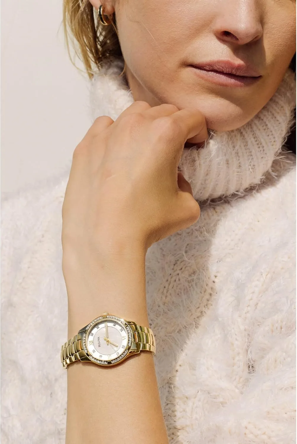 Bulova Ladies' Crystal Stainless Steel 3-Hand Quartz Watch, White Mother-of-Pearl Dial