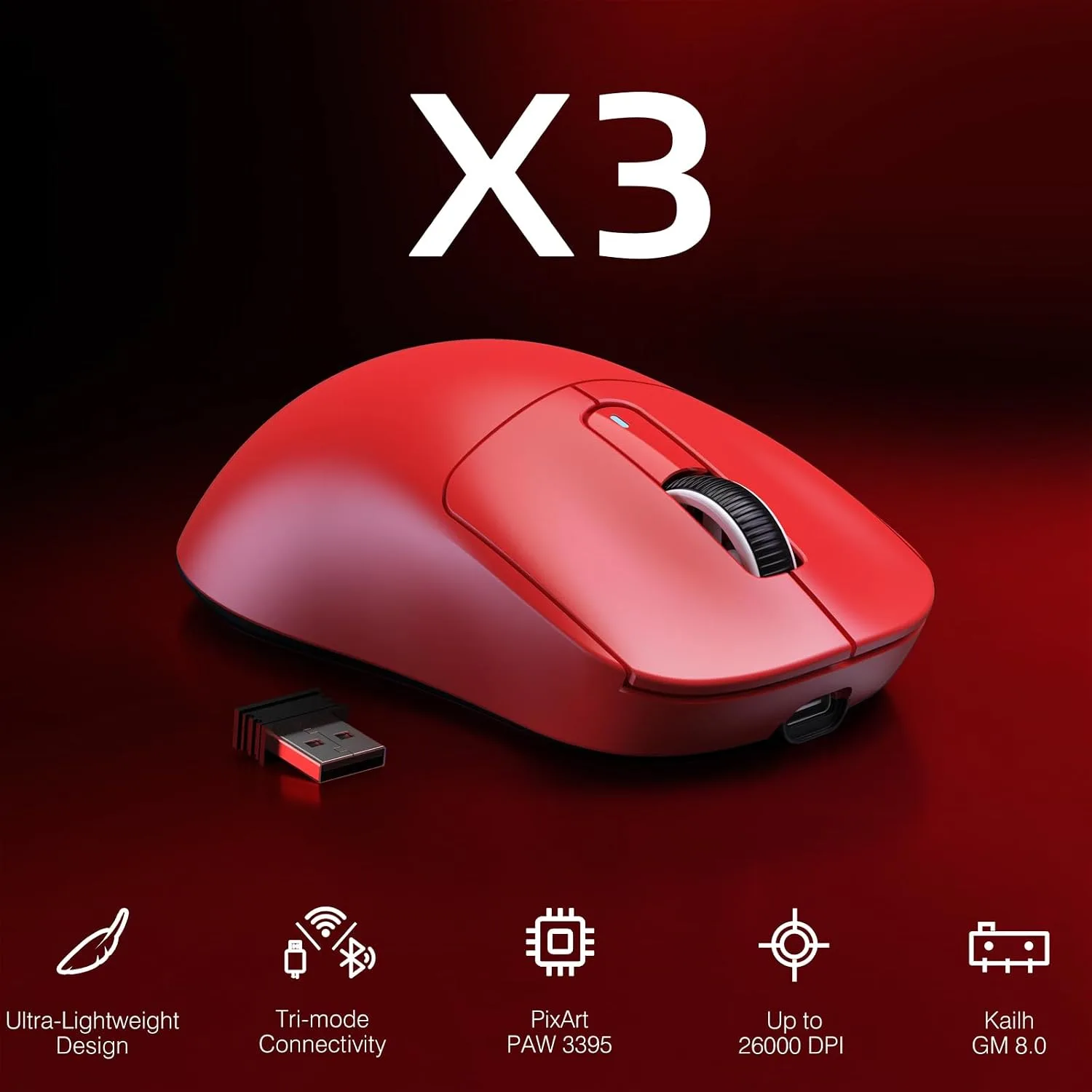 MANBASNAKE Attack Shark X3 49g Ultra-Lightweight Wireless Gaming Mouse, Red