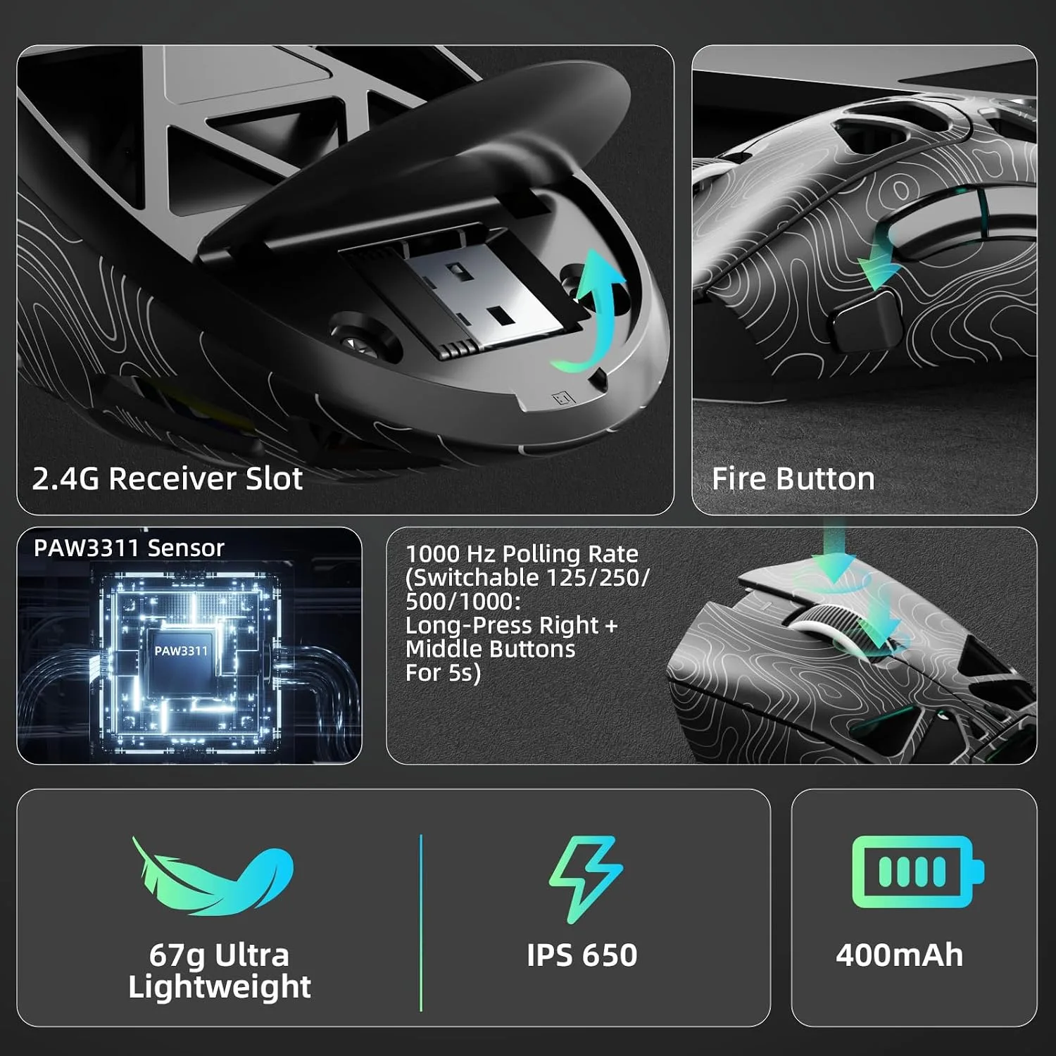 Aula SC620 Wireless Gaming Mouse, Tri-Mode 2.4GHz/USB-C/BT5.3 Computer Mouse with 12000 DPI, Programmable Macro Gamer Mouse with Rapid Fire Key, RGB Light Gaming Mice for PC/Laptop/Mac