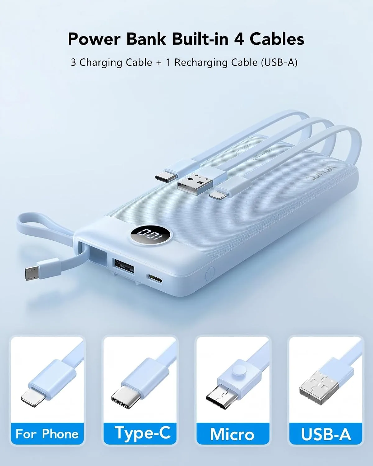VRURC Portable Phone Charger, Built in 4 Cables USB C Power Bank 10000mAh