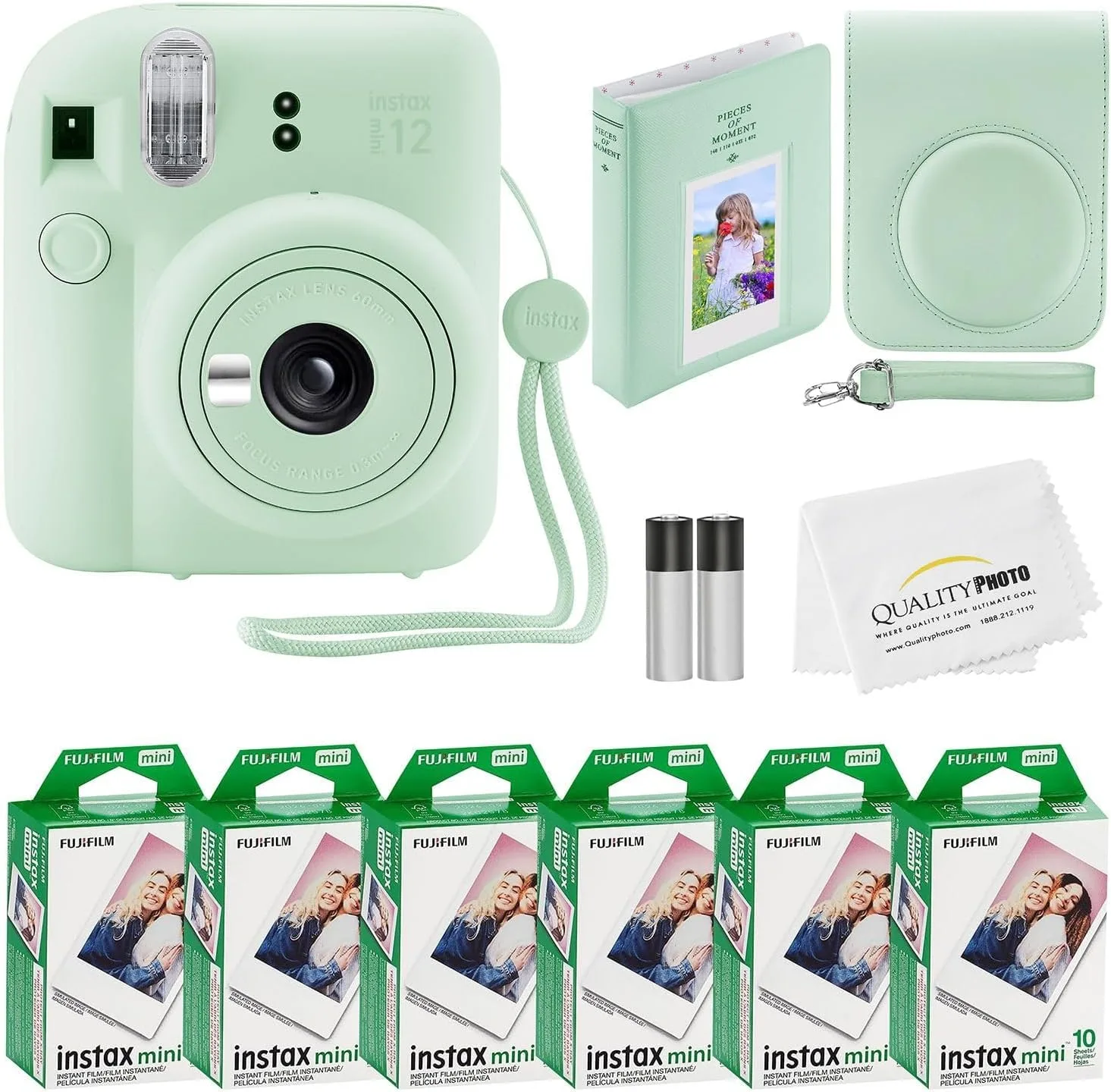 Fujifilm Instax Mini 12 Instant Camera + 60 Photo Prints + Quality Photo Value Bundle, Case, Decoration Stickers, Frames, Photo Album, (Mint Green)