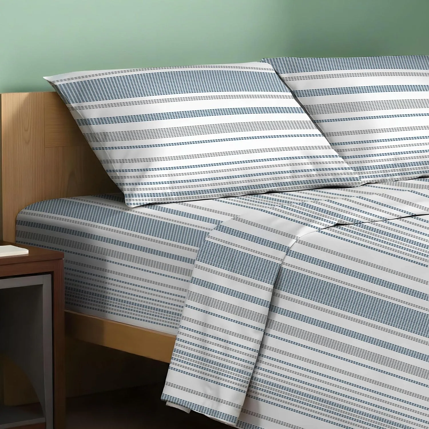 TEXAS LINEN CO. 100% Organic Cotton Sheets Twin Size - 3 PC Organic Cotton Percale Printed Sheets Twin Set (Dotted Stripe), Soft, Cooling Bedsheets, 16" Deep Pocket Hotel Bedding - GOTS Certified
