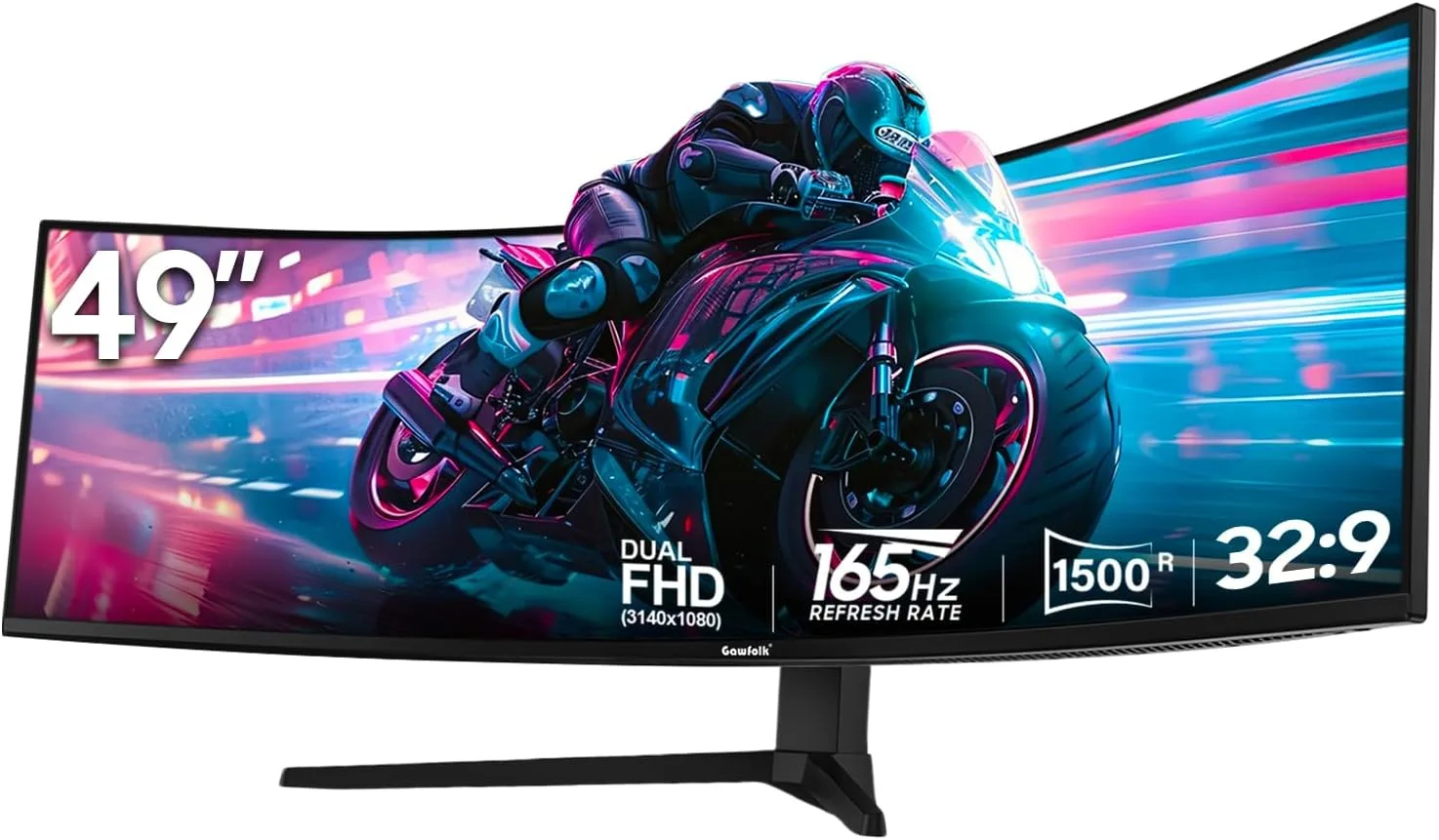 Gawfolk 49 Inch Ultra-Wide Curved Gaming Monitor 165Hz PC Screen 3840x1080