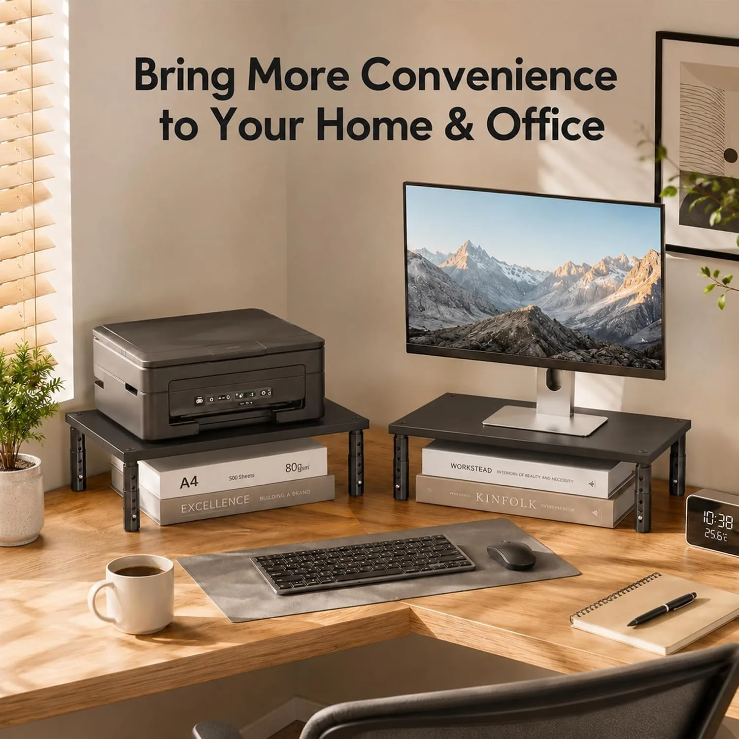 OPNICE Adjustable Monitor Stand Riser for Desk, Wood Computer & Laptop Stand, Desk Organizers and Accessories, Office Desk Accessories & Workspace Organizer for Home Office Supplies, Black