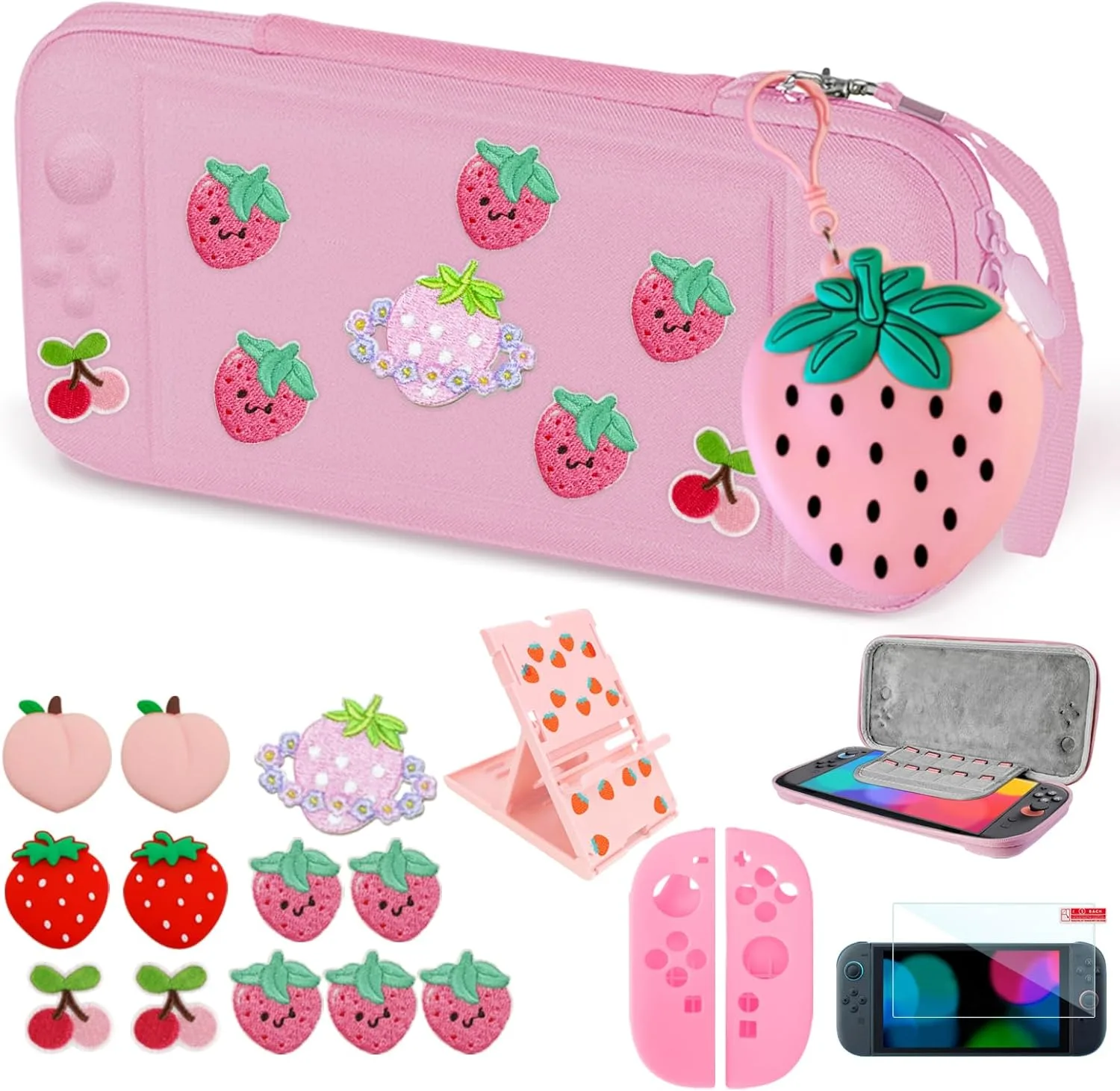 Strawberry Travel Carrying Case for Switch 2 2025 with Pink Silicone j-con Covers, Kawaii Thumb Grip Caps, Screen Protector, Embroidery stickers for Girls Women, Strawberry