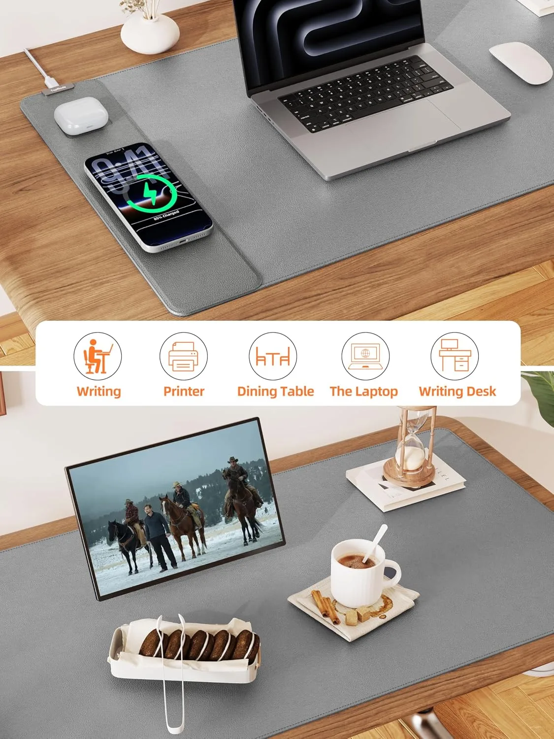 Mouse Pad with 15W Wireless Charging, XXL Large Leather Desk Mat, Gray