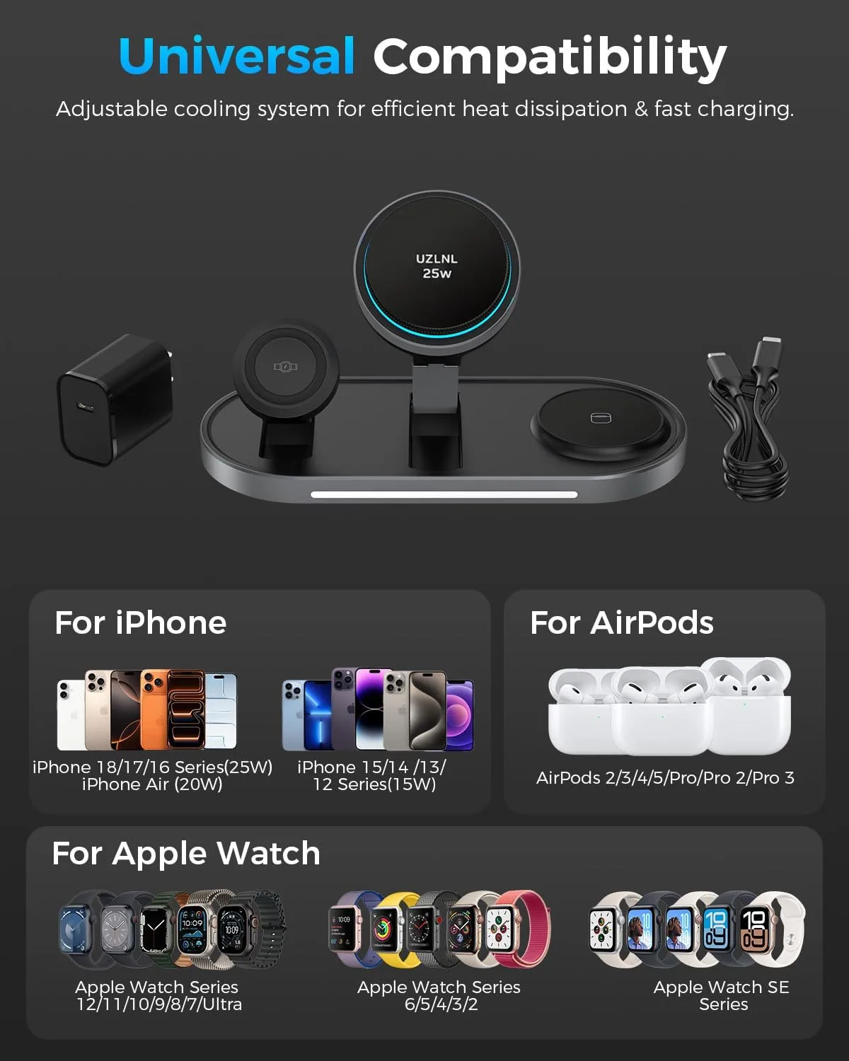 25W 3 in 1 Wireless Charging Station for Magsafe Charger for Apple