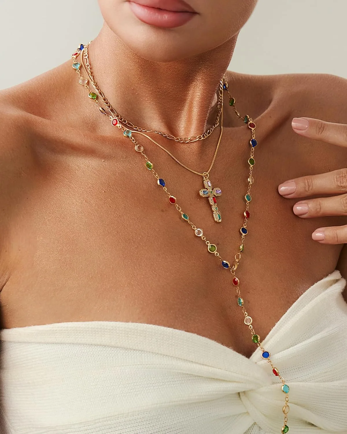 Colorful Y Shaped Necklace for Women Trendy Long Multi Color Crystal Lariat Necklace Sparkly Gemstone Chest Chain Summer Deep V-Neck Dress Outfits Jewelry Accessories