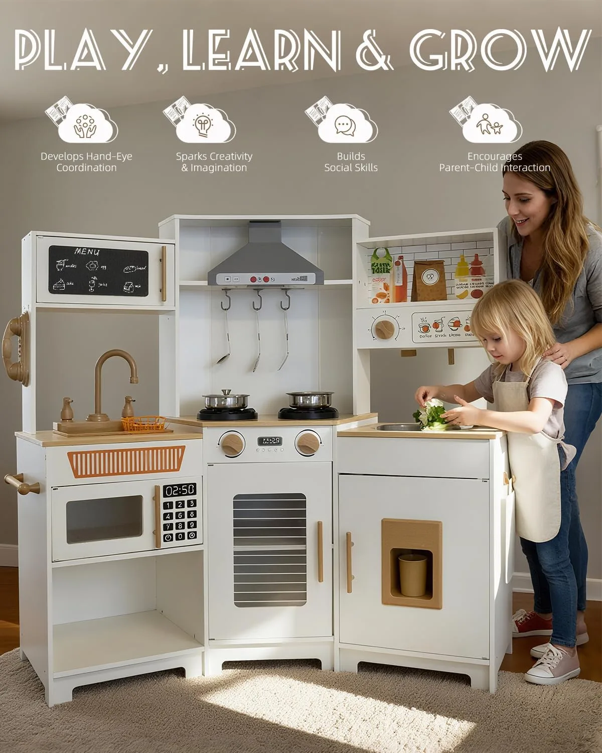 YUG Heavy-Duty Wooden Play Kitchen Set with Real Lights & Sounds, Compliant Premium Corner Pretend Kitchen Toy Including Stove, Oven, Ice Maker, Range Hood, for Kids Ages 3+, ASTM CPSIA Compliant