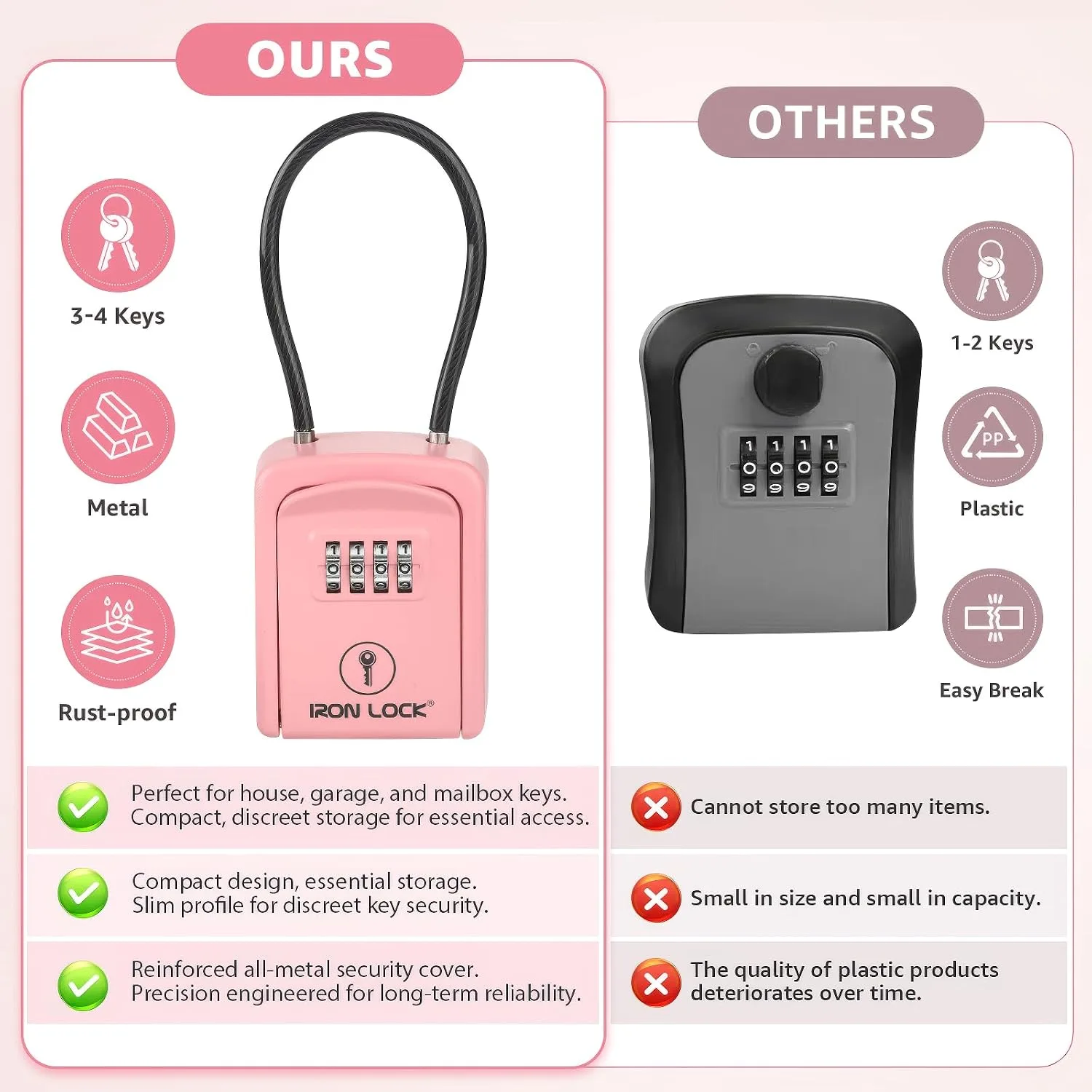 Iron Lock® Key Lock Box with Code, Portable Cable Shackle (Small, Pink)