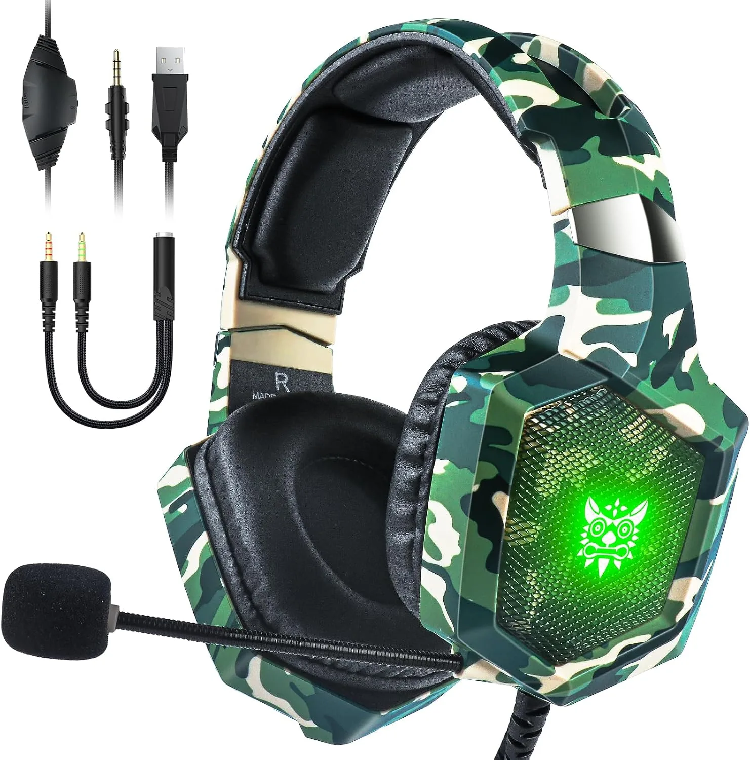 Nanddi Gaming Headset with Microphone, Gaming Headphones for PS4 PS5 Xbox One PC with LED Lights, PlayStation Headset with Noise Reduction 7.1 Surround Sound Over-Ear and Wired 3.5mm Jack (Green)