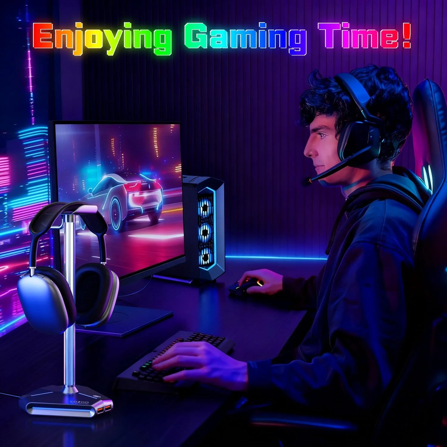 cozoo Desk headset stand Touch RGB Light Stand 4 Color Modes 2 USB Grey