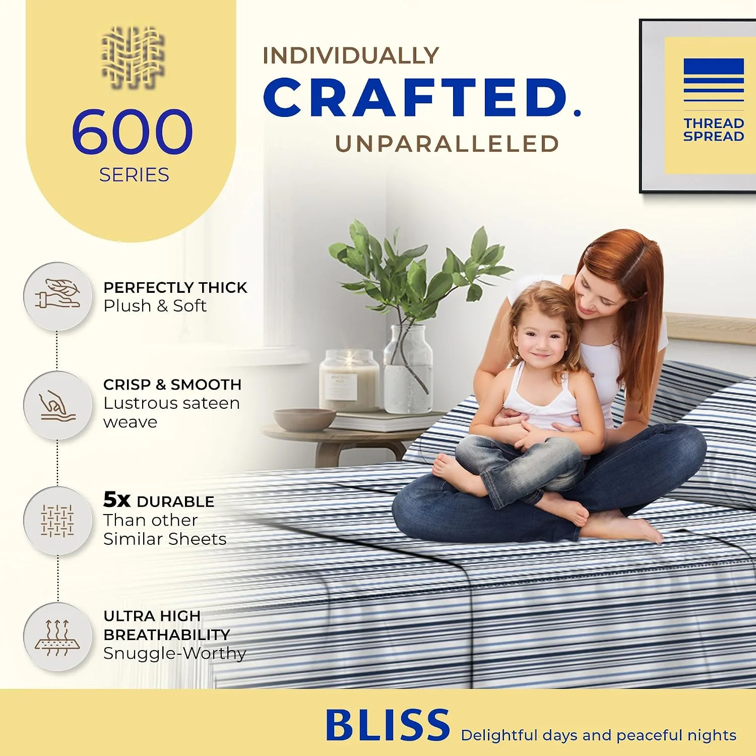 THREAD SPREAD Egyptian Cotton Sheets King Size - Luxury 600 Series King Size Sheets Set (4 PC, Deep Blue), 16" Deep Pocket All Around Elastic, Soft, Sateen, Durable Hotel Bed Sheet Sets