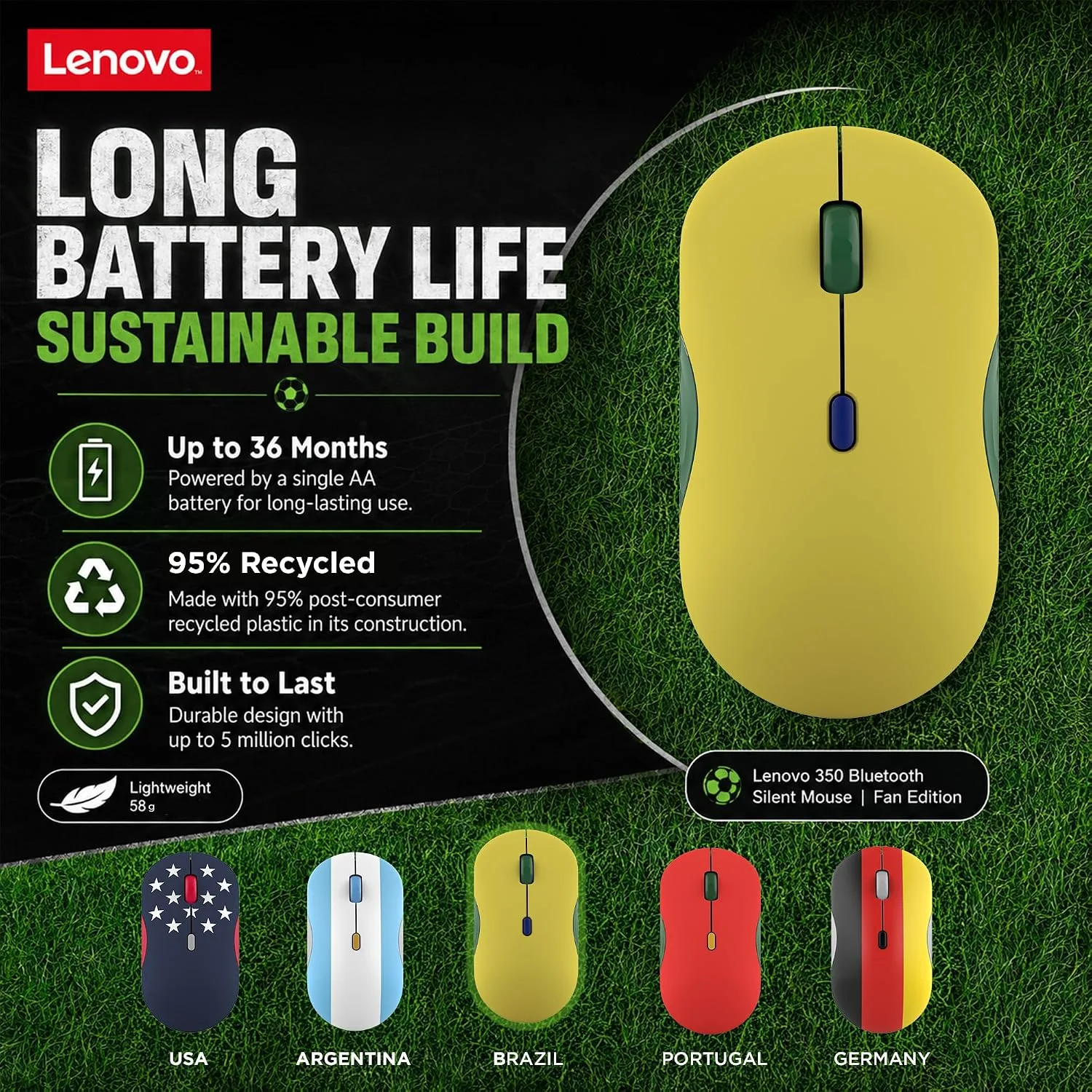 Lenovo 350 Bluetooth Silent Mouse (Fan Edition), Wireless Ergonomic Ambidextrous Design, Bluetooth 5.3, Adjustable DPI up to 2400, 36 Month Battery Life, Recycled Materials, Brazil Flag