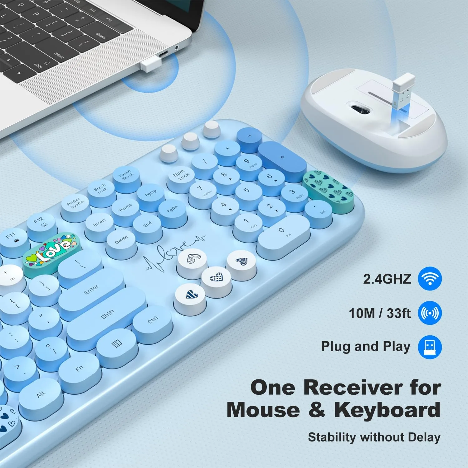 MOFII Wireless Keyboard and Mouse Combo, Full Size 2.4G Plug and Play Typewriter Retro Round Computer Keyboard and Mouse Set for Windows, Computer, Desktop, PC, Notebook - (Blue Colorful)