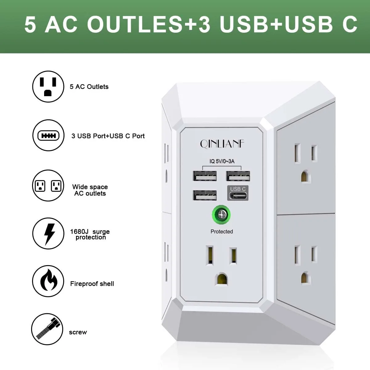 Wall Charger, Surge Protector, QINLIANF 5 Outlet Extender with 4 USB Ports