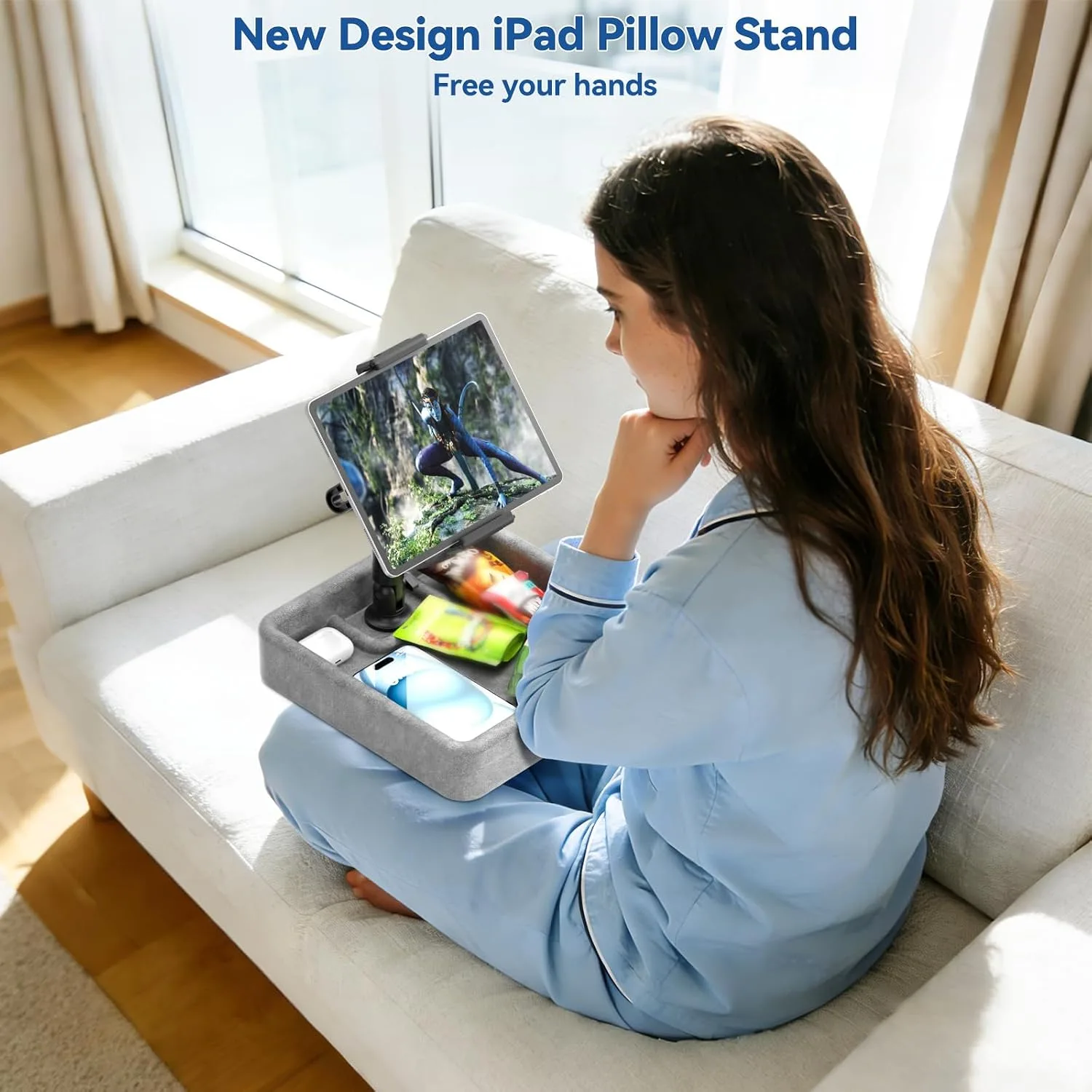 KDD Tablet Pillow Stand - Multi-Angle Adjustable iPad Holder for Lap, Bed and Desk - Foldable Kindle Soft Pad Dock with Storage Tray Compatible with iPad Pro 12.9, Air Mini, Phone, E-Reader