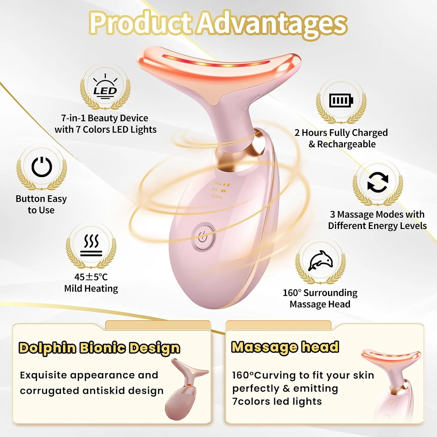 Face Light Therapy Device, Based on Triple Action LED, Thermal, and Vibration Technologies, Face and Neck Beauty Device with 7 Color LED for Home Use, Improve Skin(Glossy Pink)