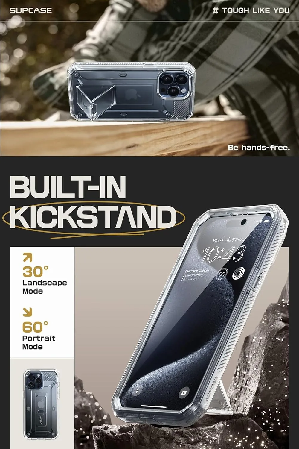 SUPCASE for iPhone 15 Pro Max Case with Stand & Screen Protector, Clear
