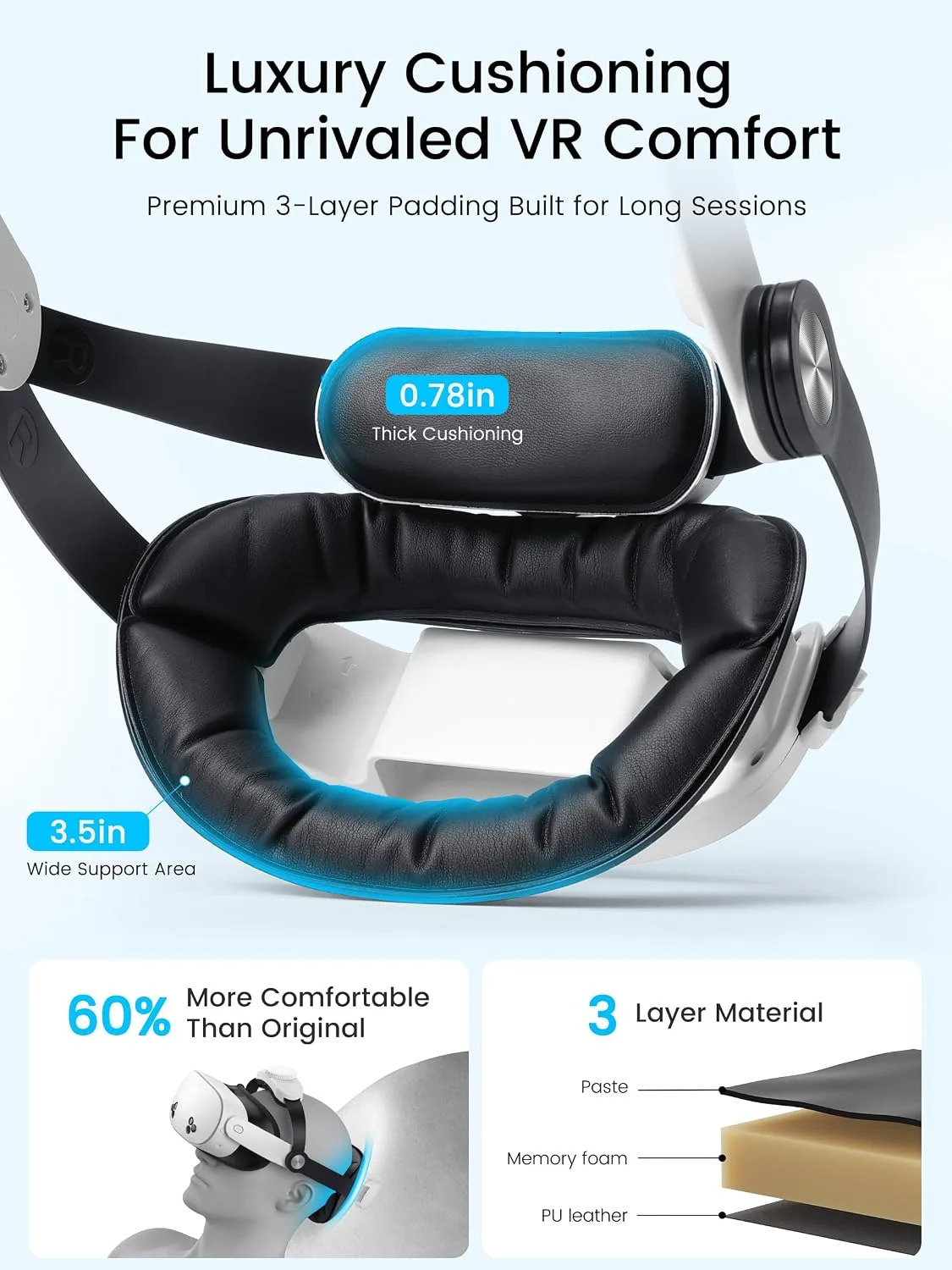 Kawaye for Meta Quest 3S/Quest 2/Quest 3 Head Strap with 10000mAh Hot-Swap Battery Pack, Double Knobs Adjustable VR Headset Strap with Two Large Support Pad Enhanced Support, Reduce Pressure