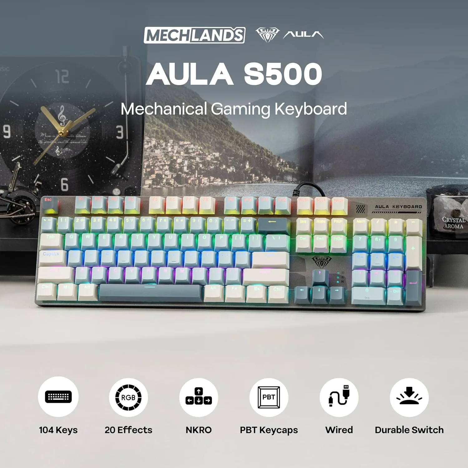 MechLands Aula S500 Wired Gaming Keyboard, 100% Full Size Mechanical Keyboard with Number Pad, 104 Keys, NKRO, RGB Backlits, Shine Through Keycaps, Ergonomic for PC E-Sports (Black&Blue, Blue Switch)