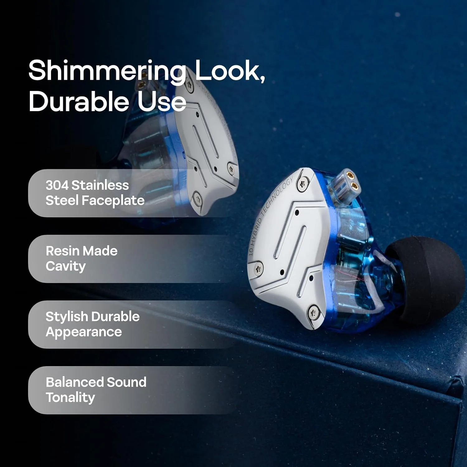 Linsoul KZ ZS10 Pro, 4BA+1DD 5 Driver in Ear Monitor, HiFi Wired Earbuds, Gaming Earbuds, Hybrid IEM Earphones with Stainless Steel Faceplate, Detachable Cable for Musician (Without Mic, Blue)