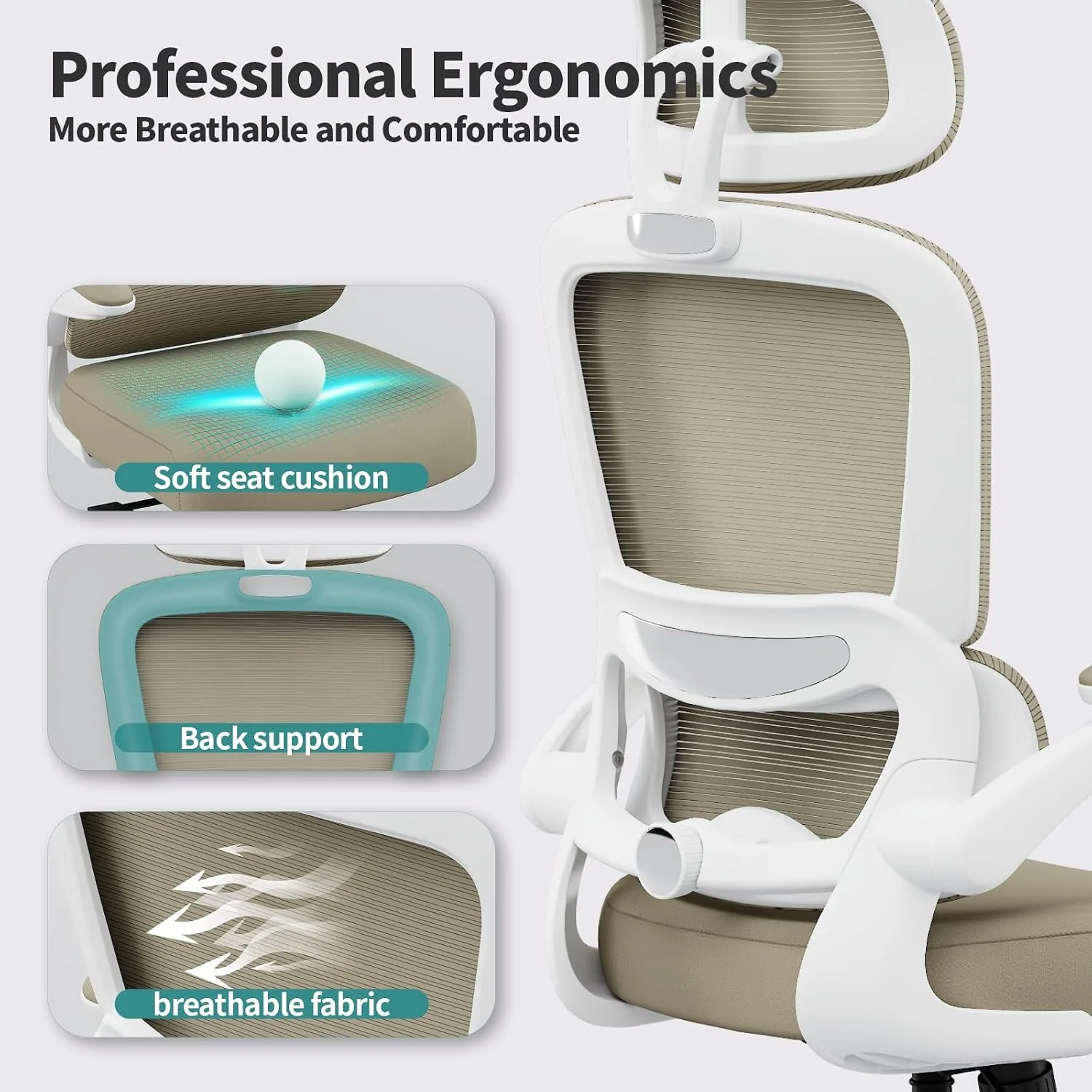 TRALT Office Chair Ergonomic Desk Chair with Lumbar Support Khaki, 1