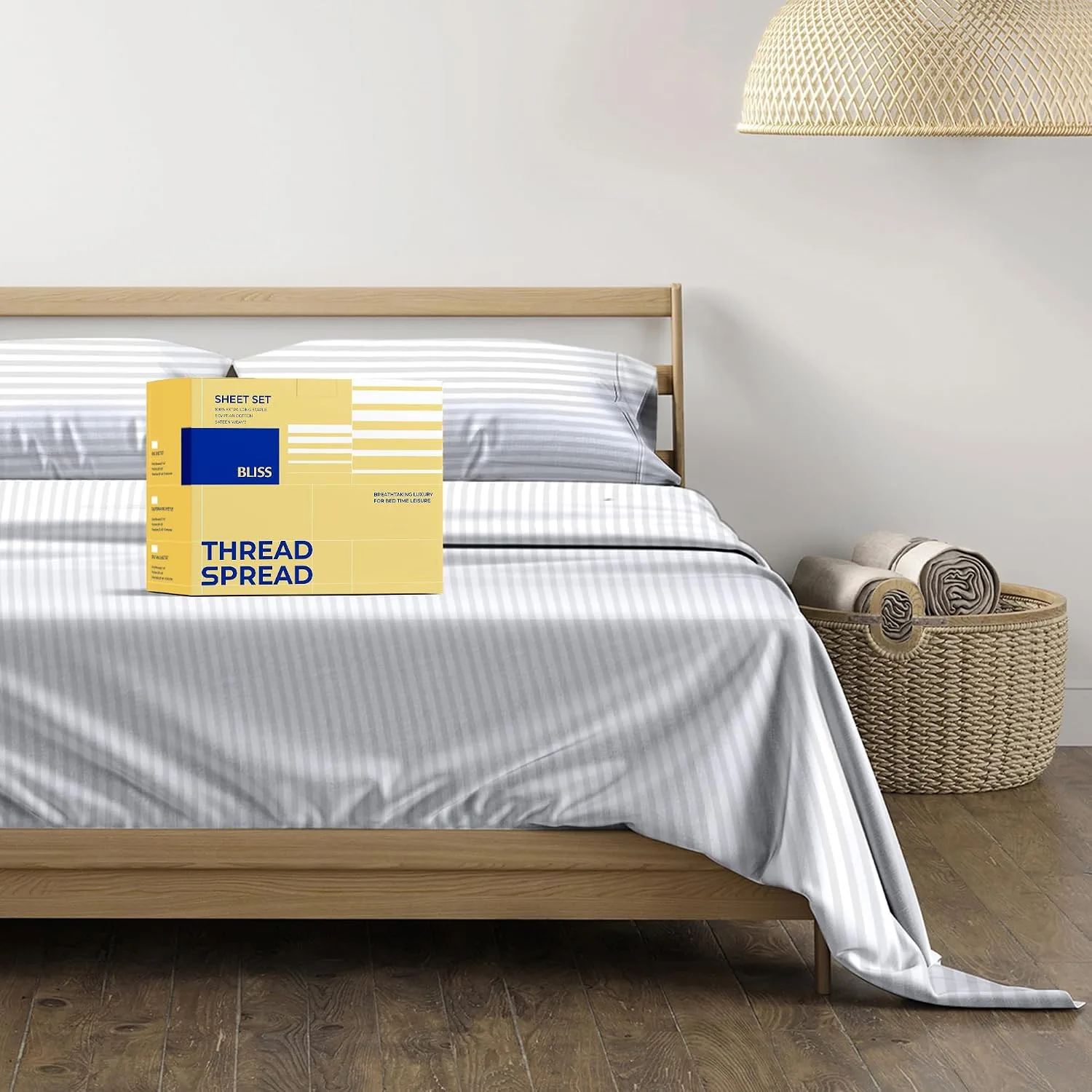 THREAD SPREAD Egyptian Cotton Sheets King Size - Luxury 600 Series King Size Sheets Set (4 PC, White - Stripe), 16" Deep Pocket All Around Elastic, Soft, Cooling, Sateen, Durable Hotel Bed Sheet Sets