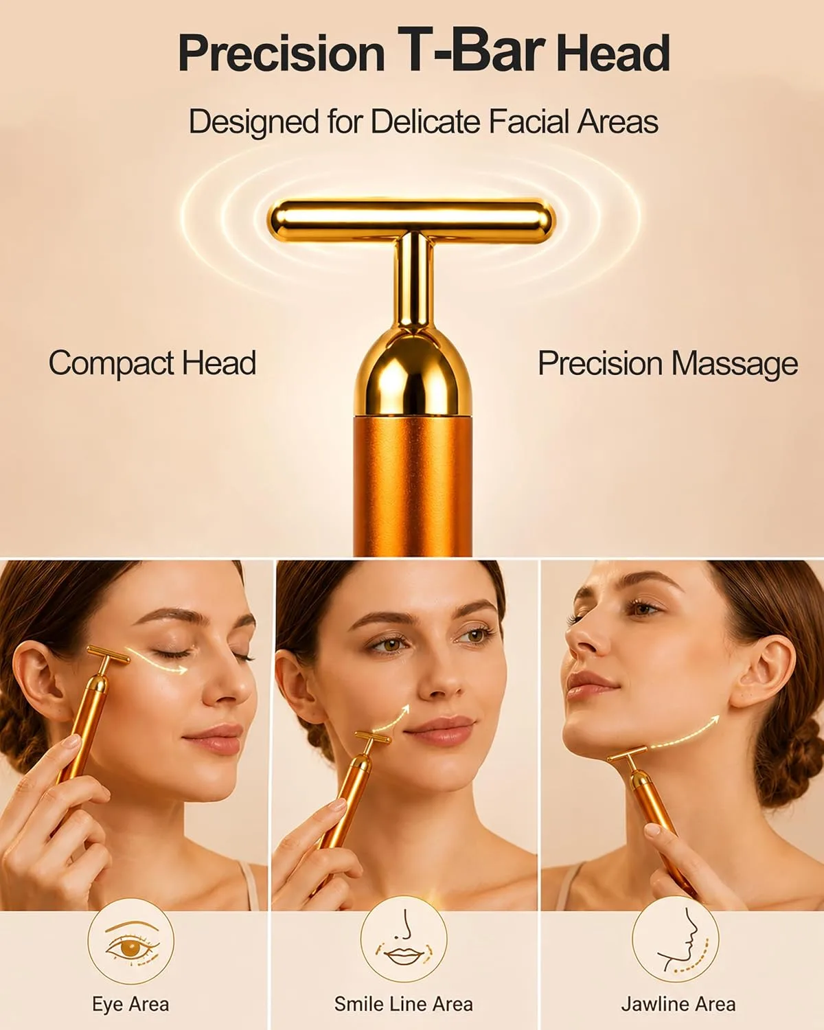Rechargeable Face Massager Roller, Golden Vibrating T Bar Facial Massager & 3D Face Roller for Lymphatic Drainage, Face Depuffer for Jawline, Puffy Face & Skincare Routine