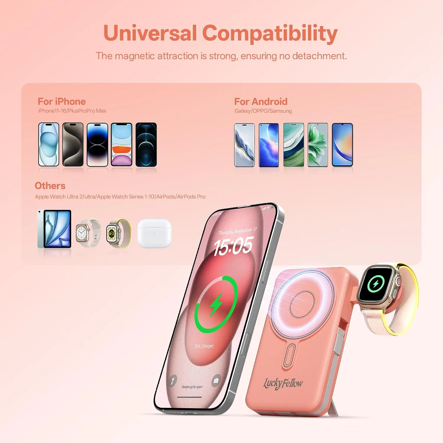 Magnetic Portable Charger Built-in Cables,10000mAh Fast Charging Wireless Charger Station External Battery Pack Slim Pocket Size Power Bank with Stand Compatible with iWatch, iPhone