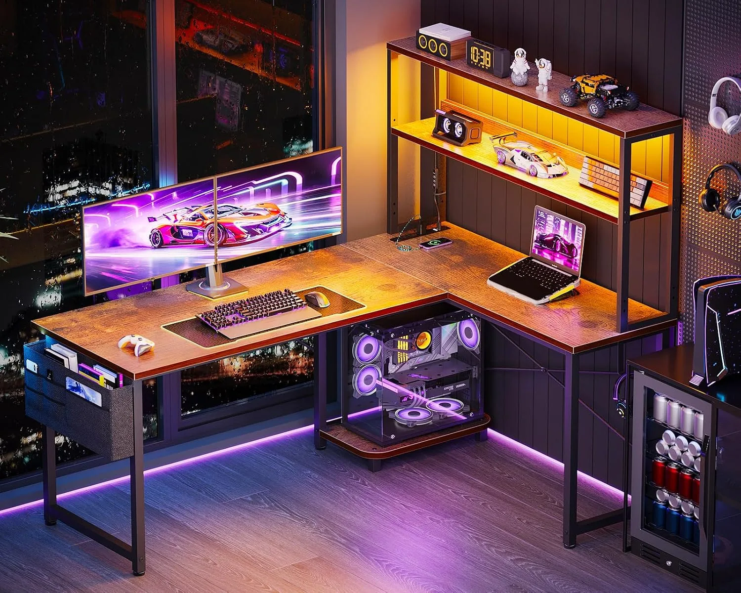 ODK 53" L Shaped Gaming Desk with Shelves, LED & Outlets, Vintage