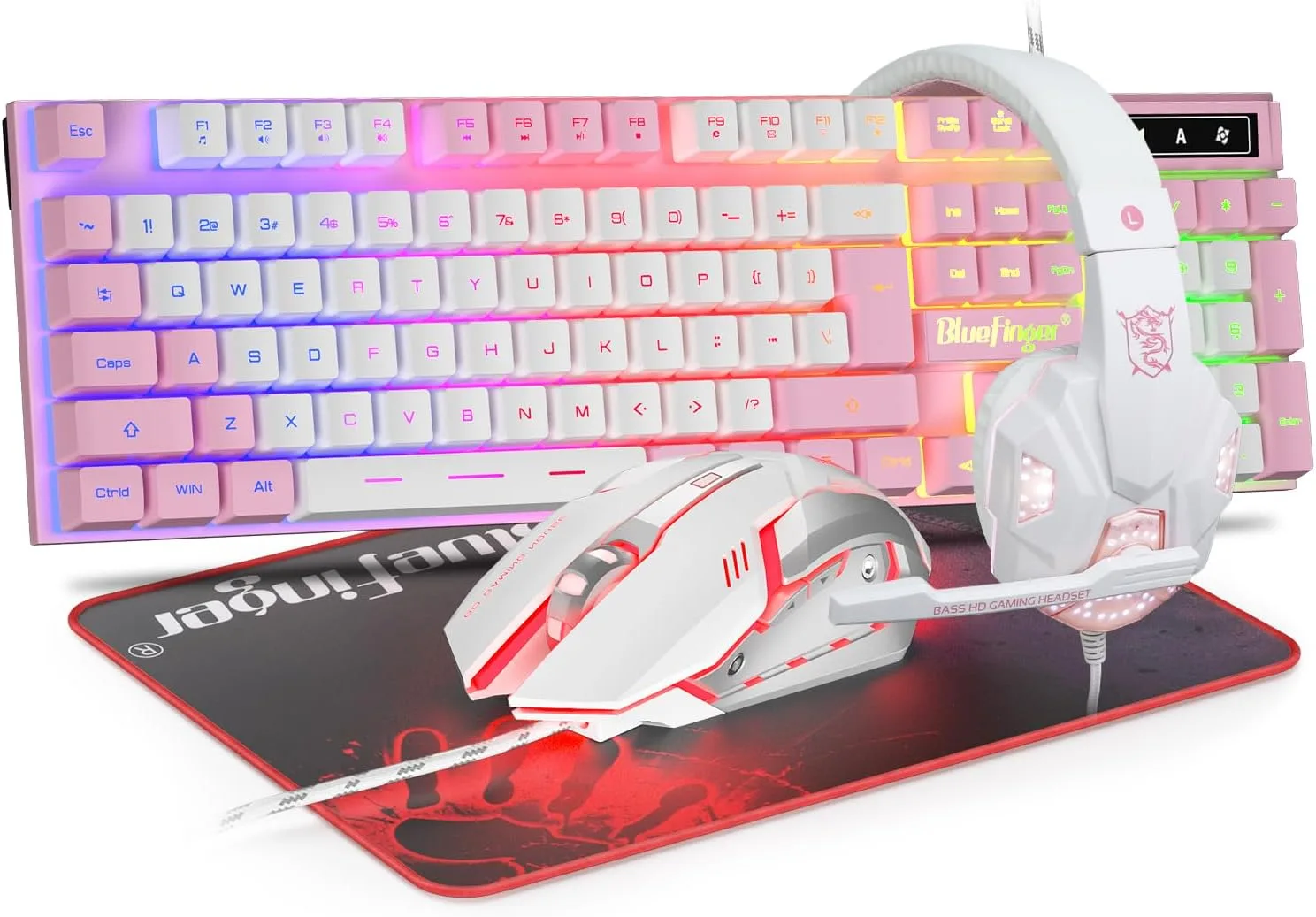 Kit de teclado, mouse y headset gaming BlueFinger RGB USB cableado rosa y blanco