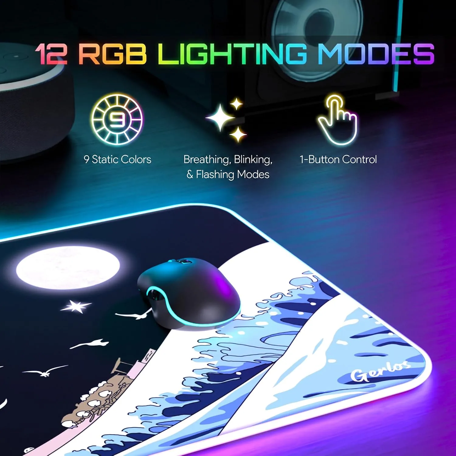 Gerlos RGB Gaming Mouse Pad, Large LED Mouse Pad for Gamer, 31.5" x 11.8"