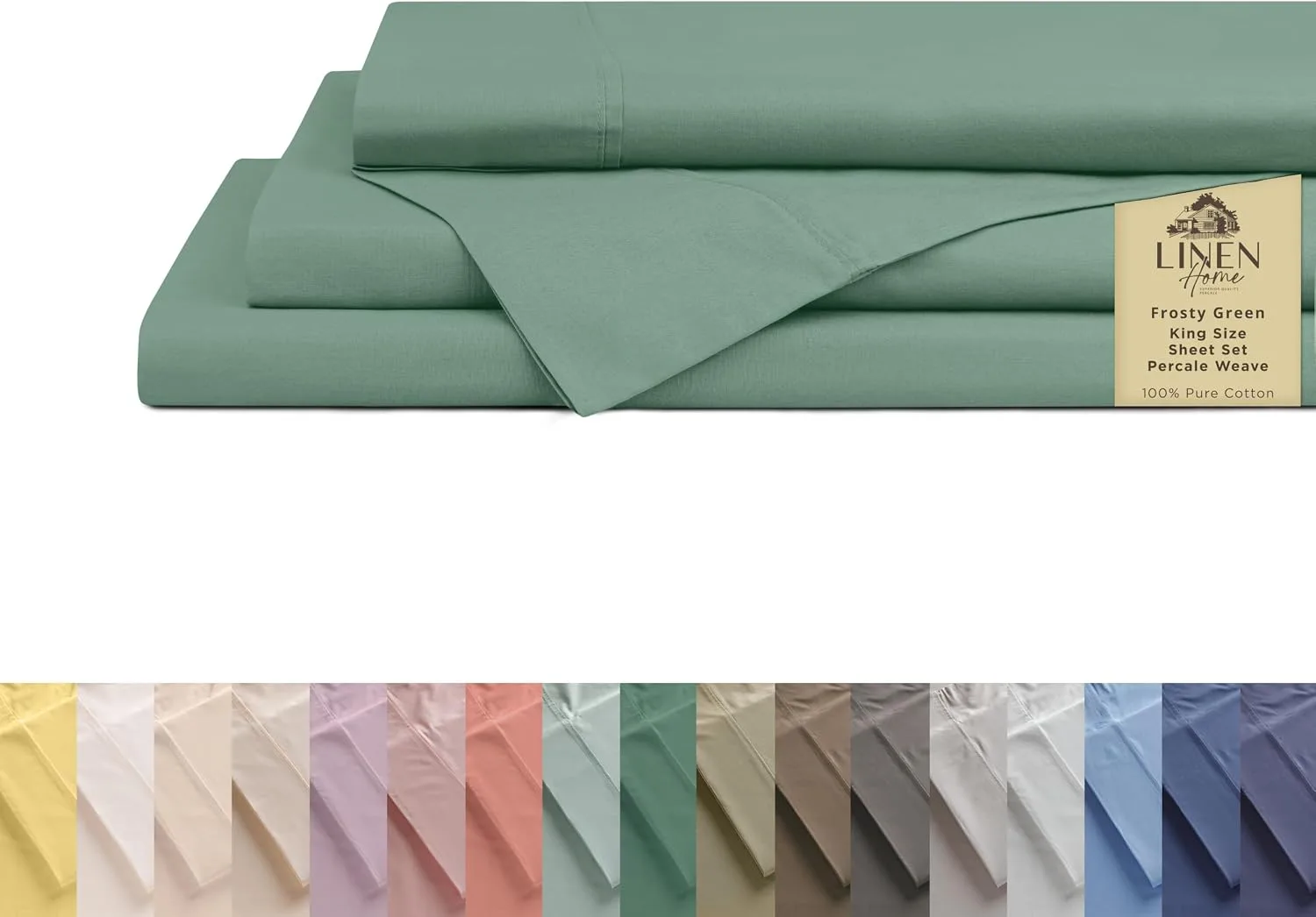Linen Home 100% Cotton Percale King Sheets, 4Pc Cooling Set - Frosty Green