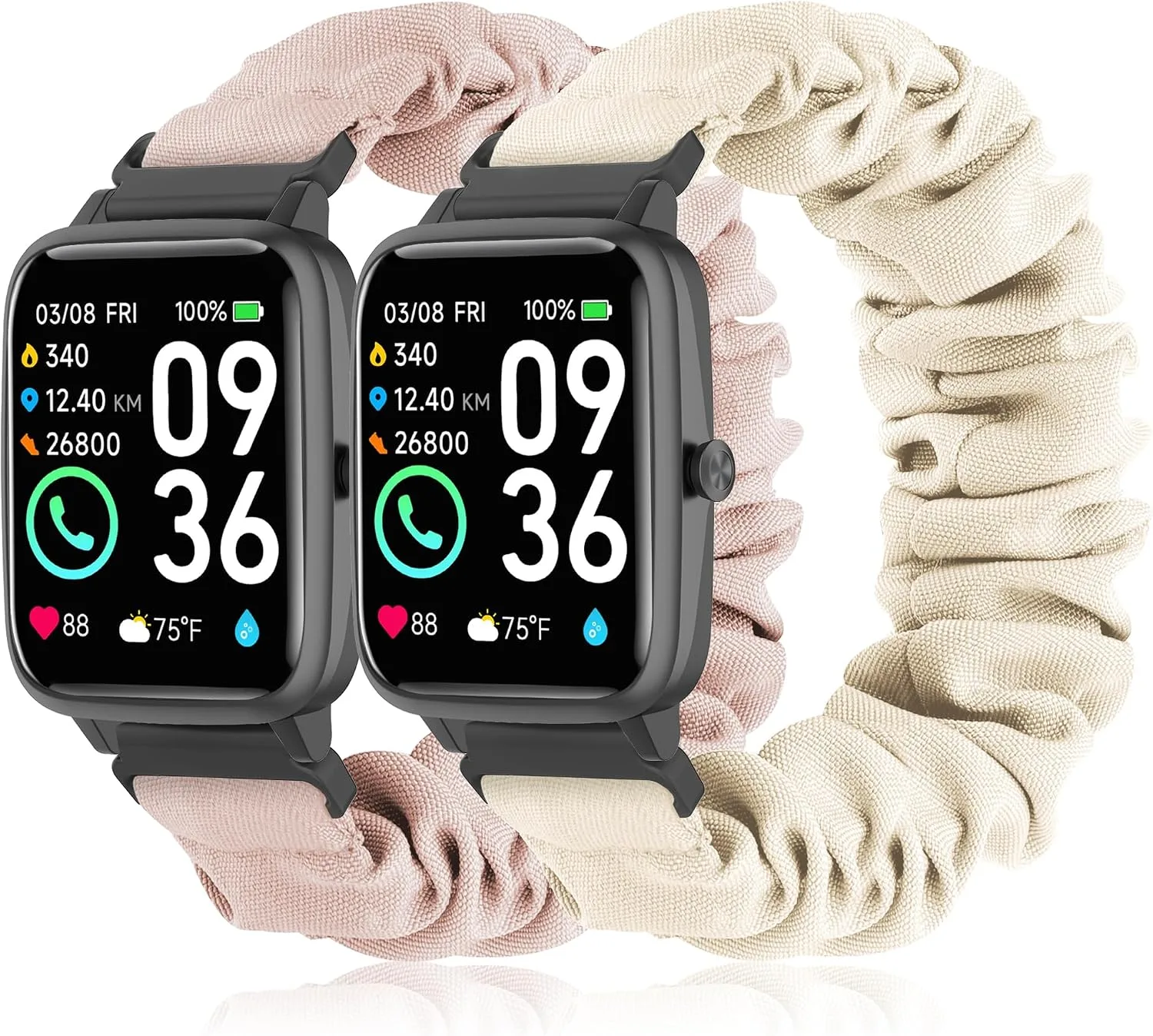 Sunnyson 22mm Bands for Veryfit IDW13/IDW16/IDW19/IDW26/IDW28 Smartwatch，2 Pack Elastic Fabric Scrunchie Straps for Fitvii H57/H56/Fitpolo/Toobur id208 Plus Women