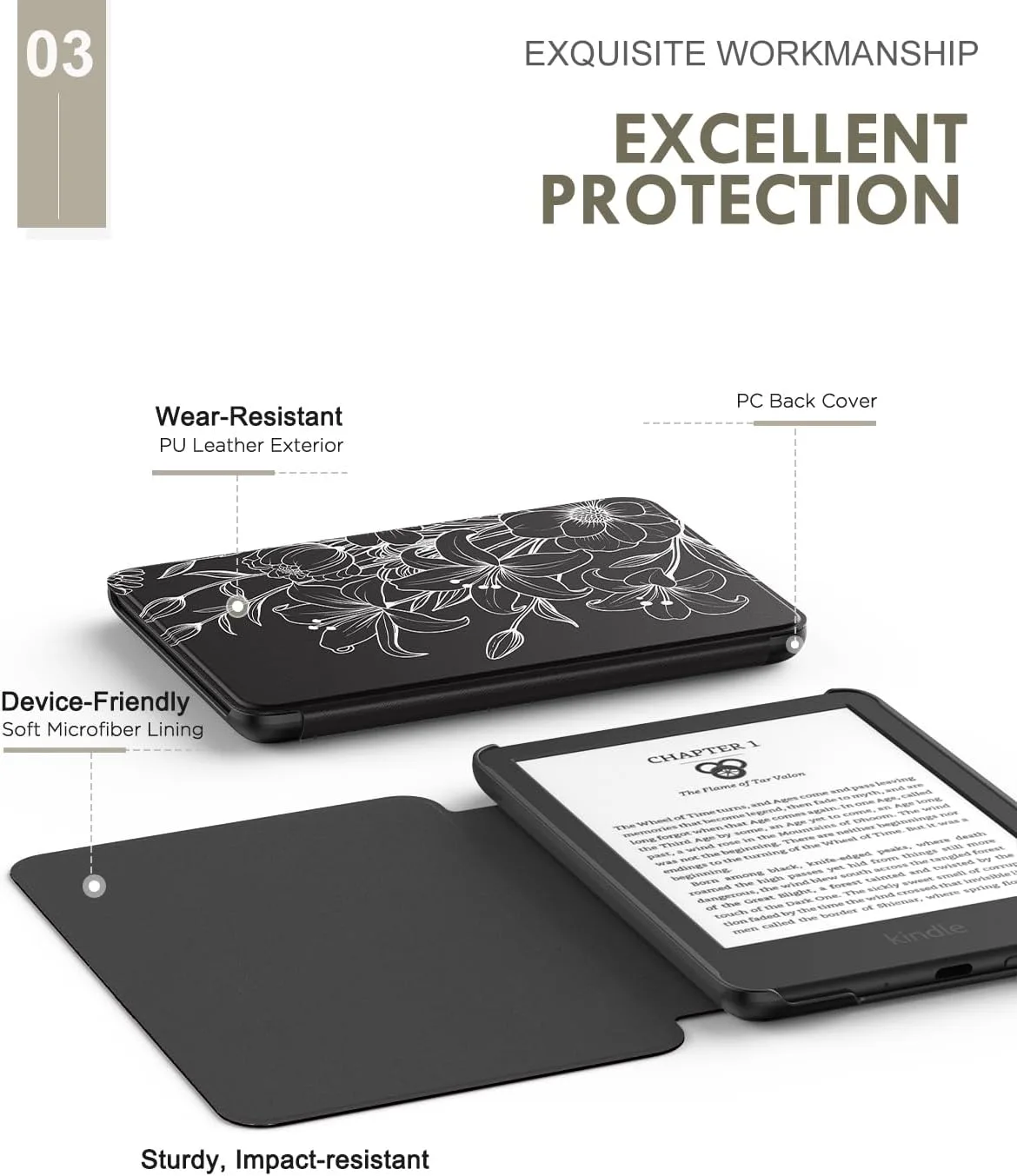 MoKo Case for 6" Amazon Kindle Basic 11th Gen 2024/2022, Line Flower